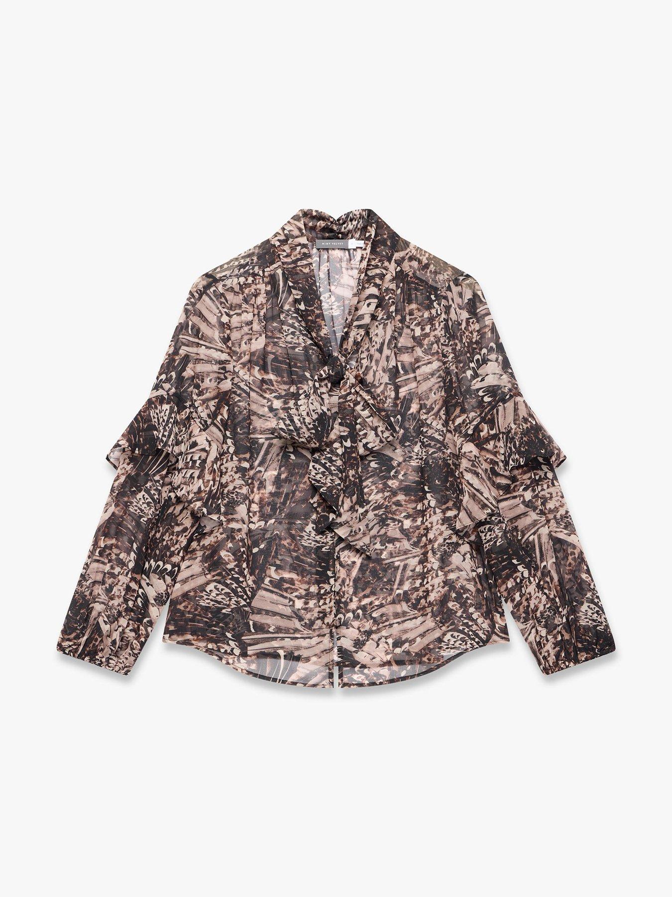 Image 5 of 6 of Mint Velvet Feather Print Tie Neck Blouse - Brown