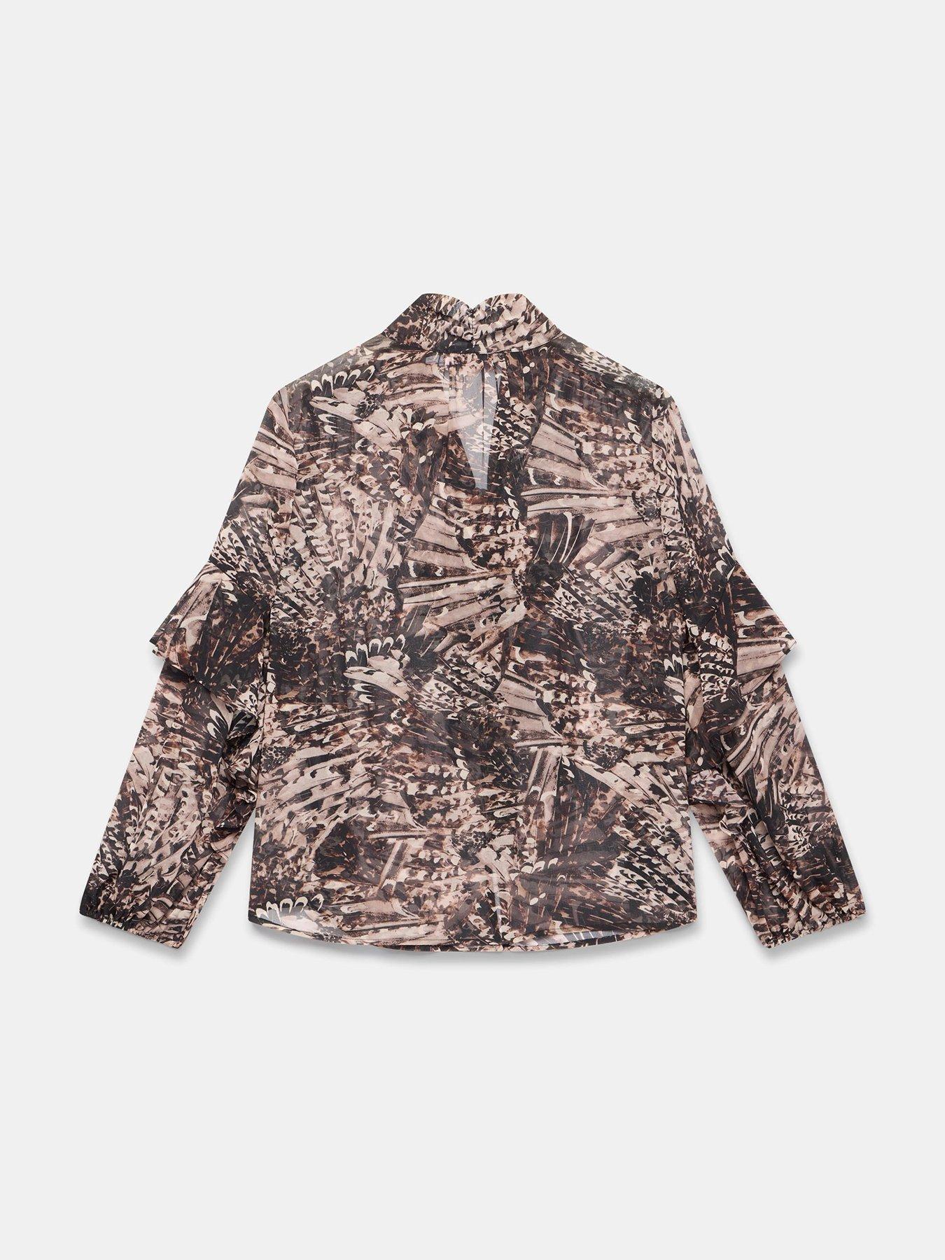 Image 6 of 6 of Mint Velvet Feather Print Tie Neck Blouse - Brown