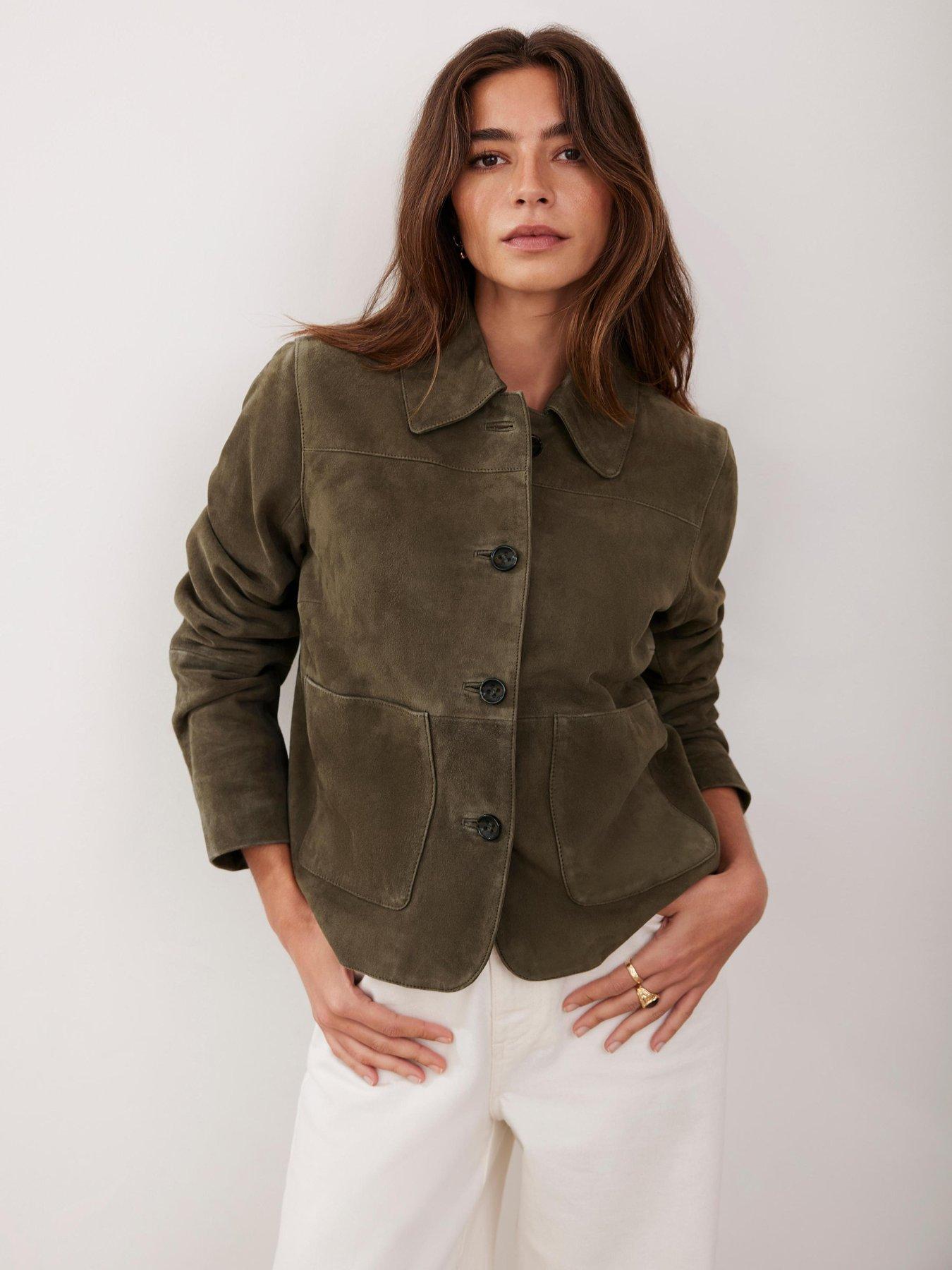  image of mint-velvet-khaki-suede-pocket-jacket-green