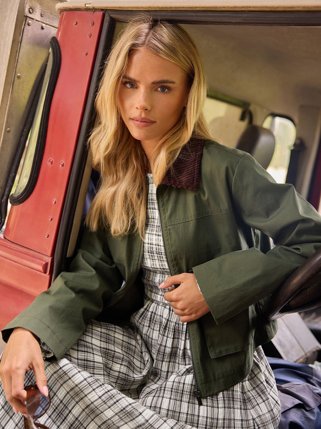 Image 1 of 4 of PixieGirl Petite Contrast Cord Collar Barn Jacket - Green