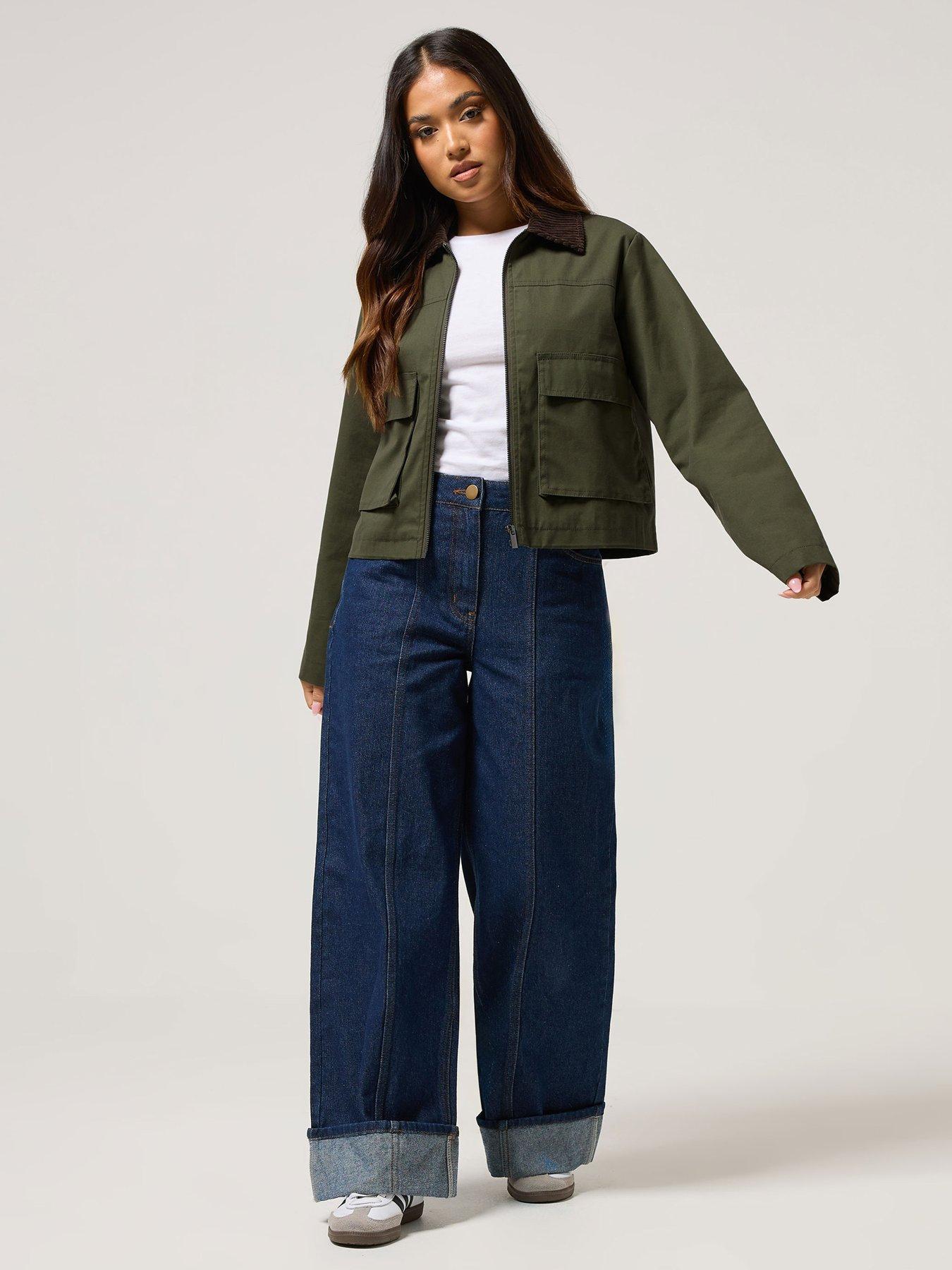 Image 3 of 4 of PixieGirl Petite Contrast Cord Collar Barn Jacket - Green
