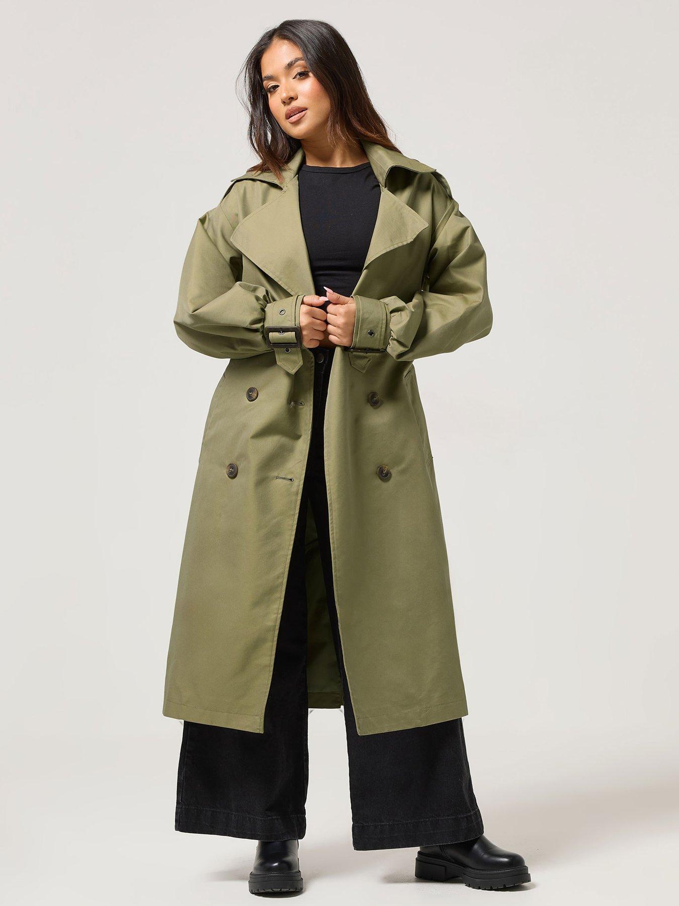  image of pixiegirl-petite-balloon-sleeve-trench-coat-green