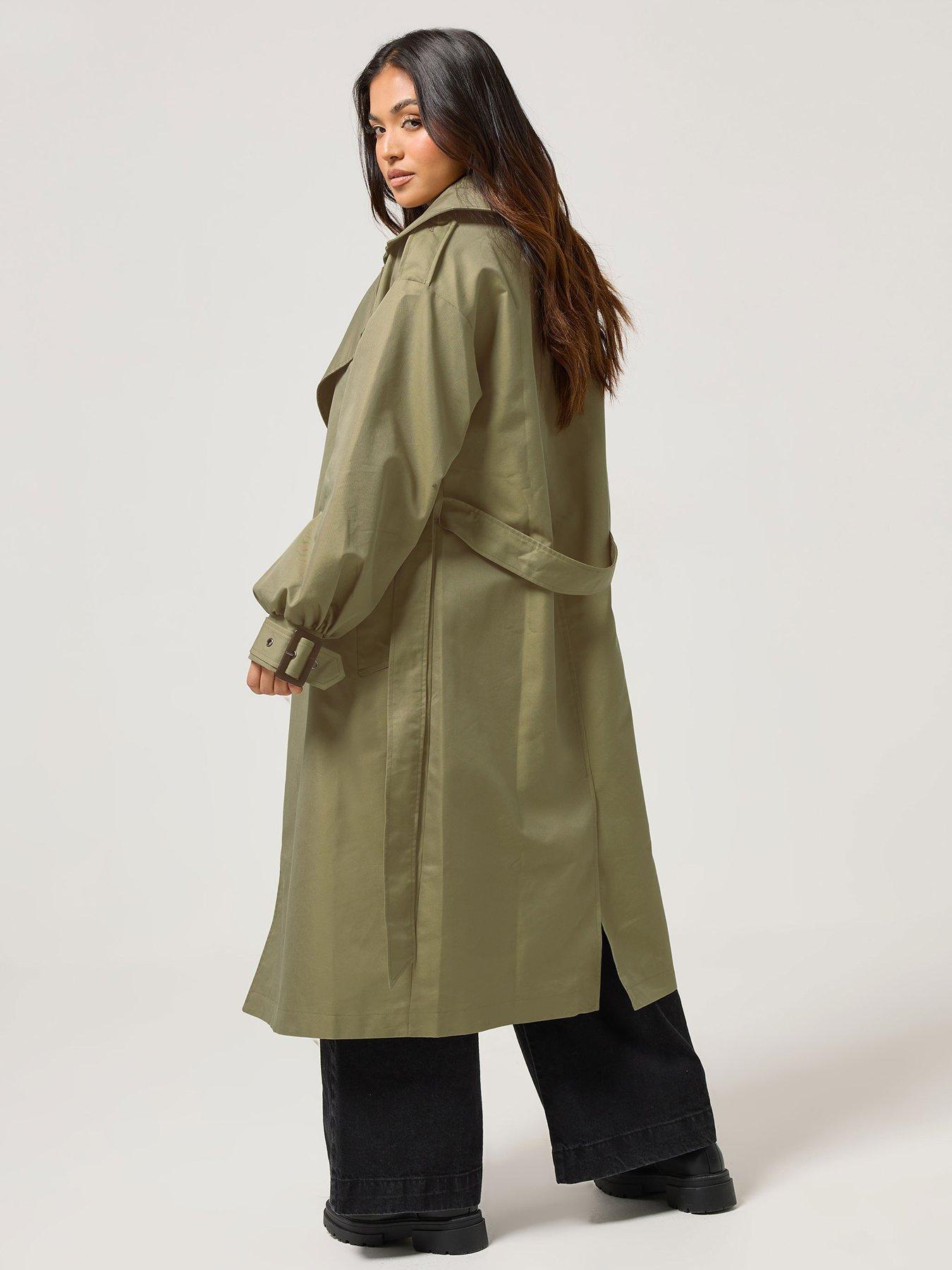  image of pixiegirl-petite-balloon-sleeve-trench-coat-green