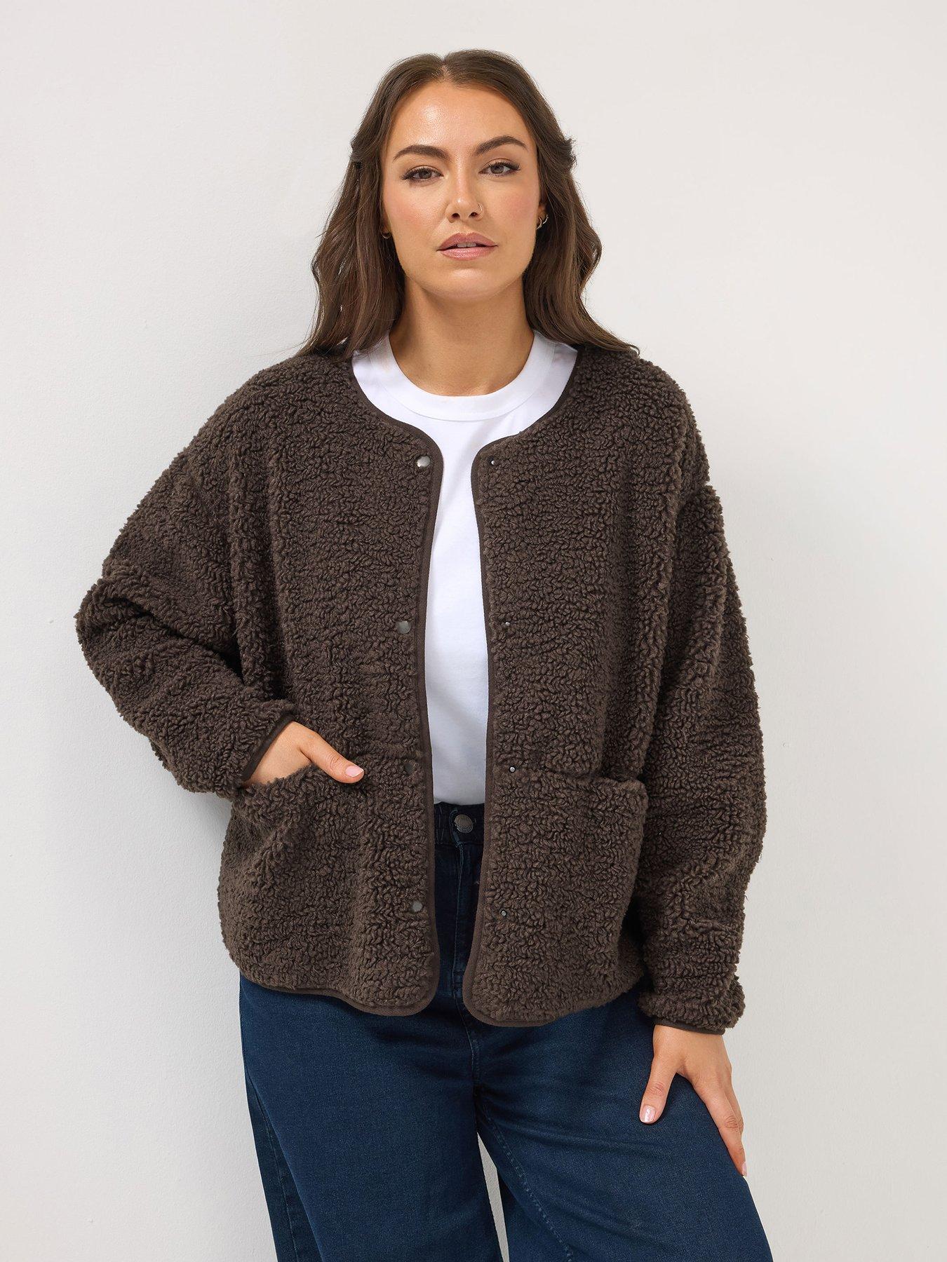 Yours Curve Collarless Popper Fleece Jacket - Brown