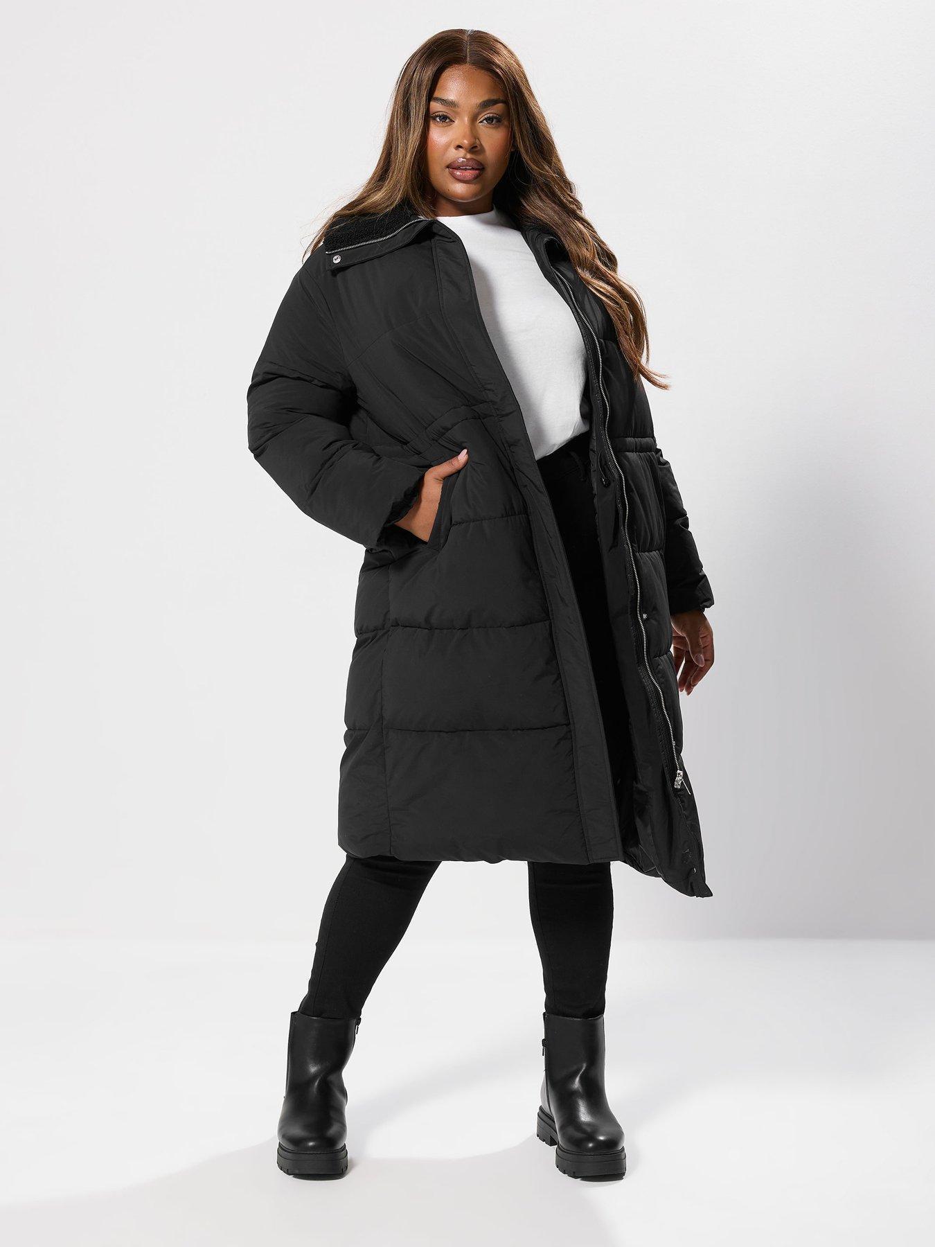 Image 1 of 4 of Yours Curve Funnel Neck Midi Coat - Black