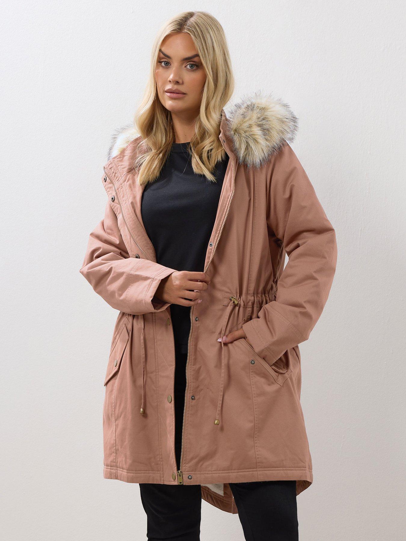 undefined Curve Faux Fur Trim Parka - Pink
