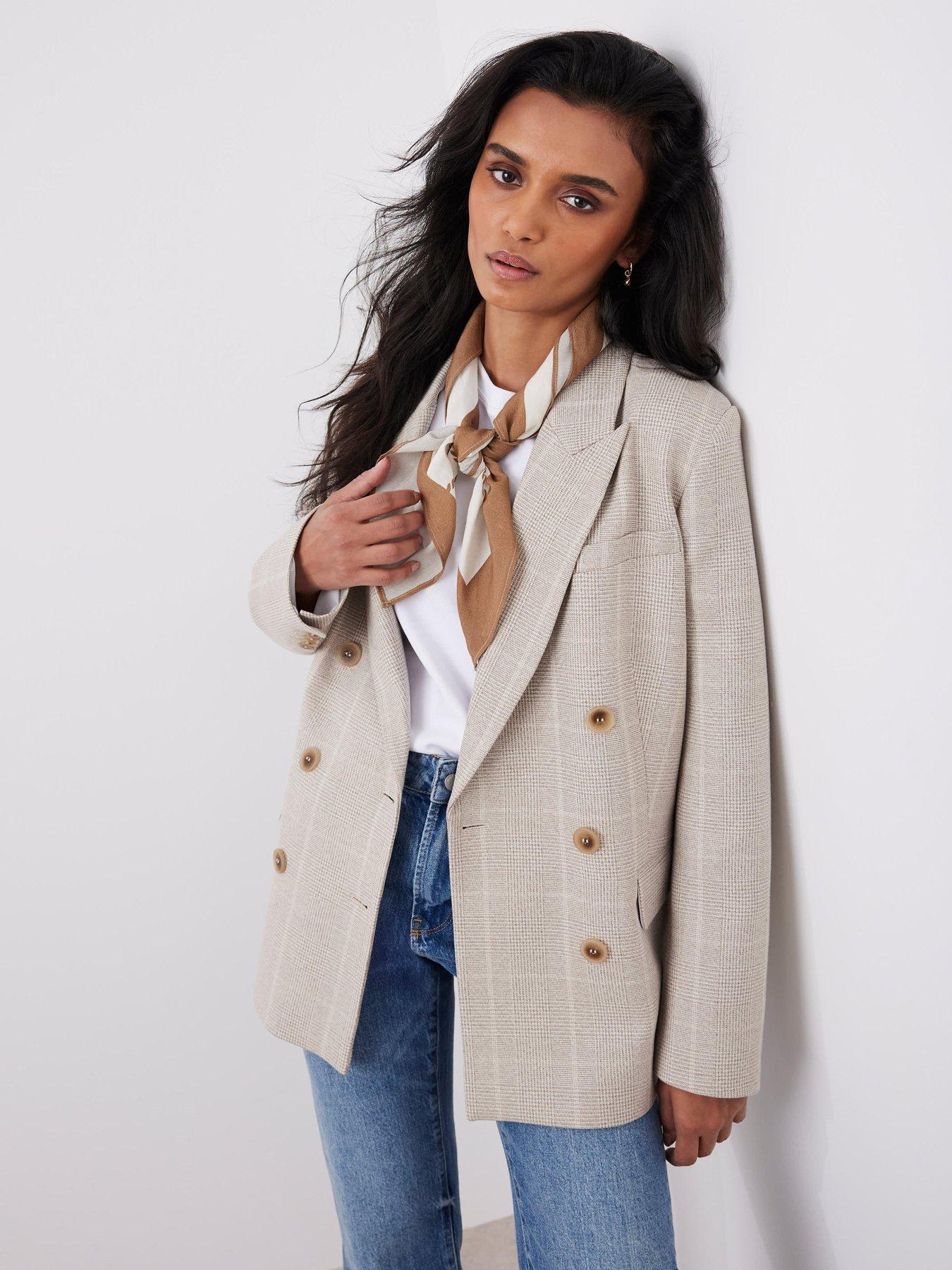 Mint Velvet Check Double Breasted Blazer - Beige