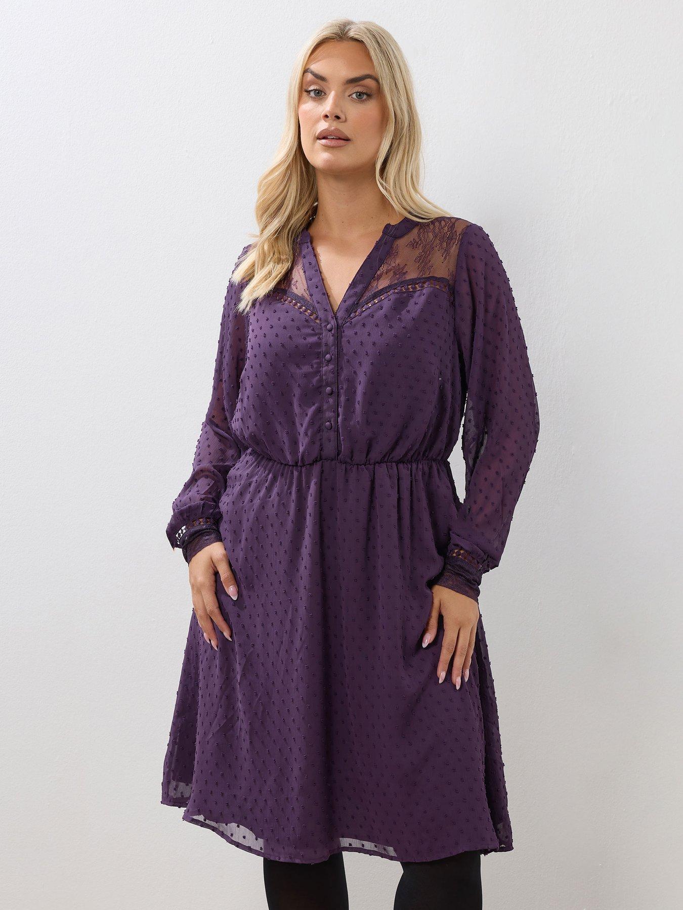 Yours Curve Lace Dobby Mesh Dress - Purple