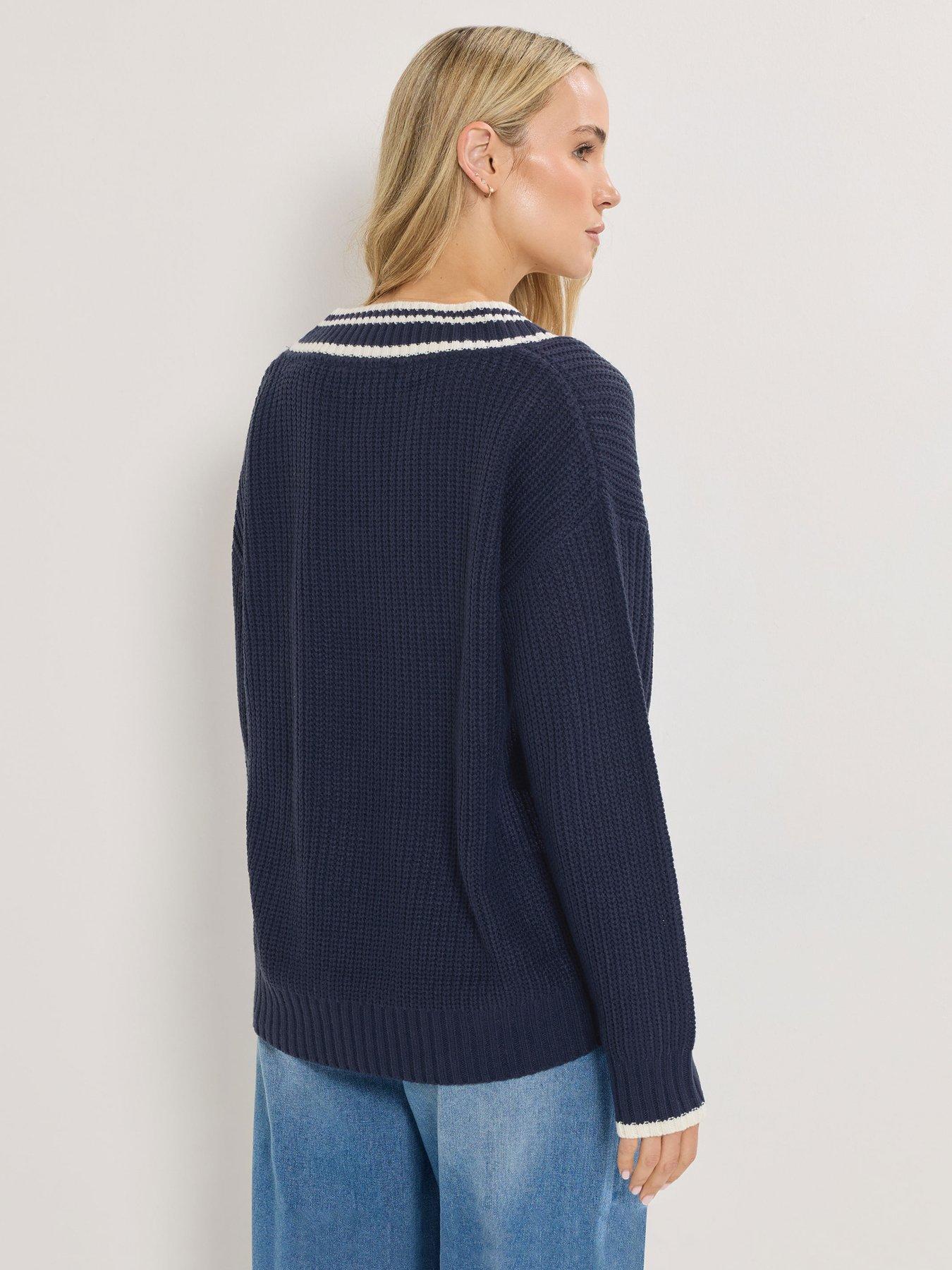 Image 2 of 4 of Long Tall Sally Stripe Trim V Neck Jumper - Blue