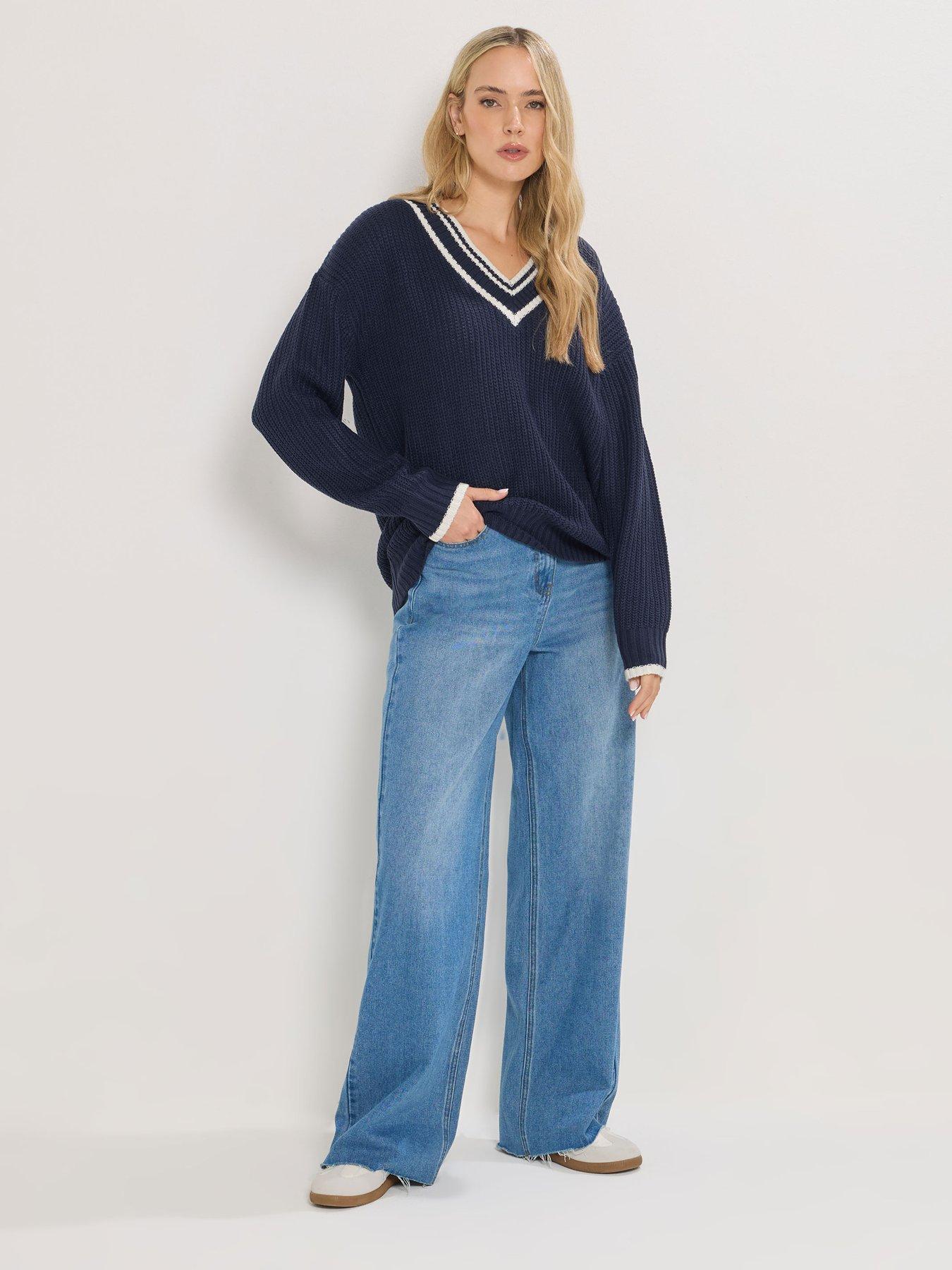 Image 3 of 4 of Long Tall Sally Stripe Trim V Neck Jumper - Blue