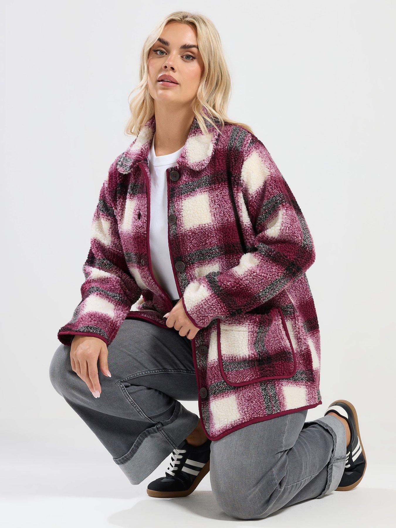 Yours Curve Check Teddy Fleece Jacket - Dark Red