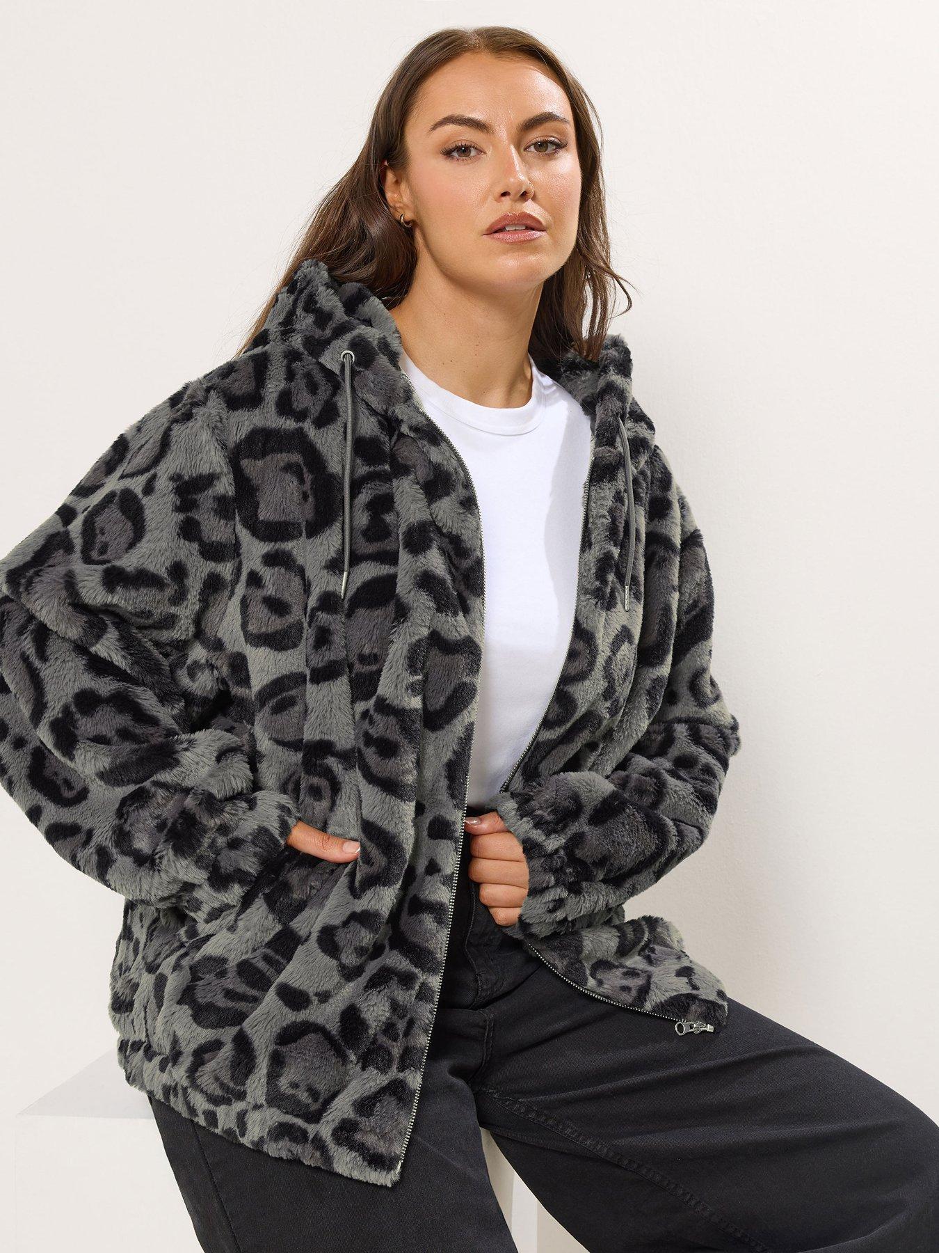 Yours Curve Faux Fur Zip Thru Hooded Jacket- Grey