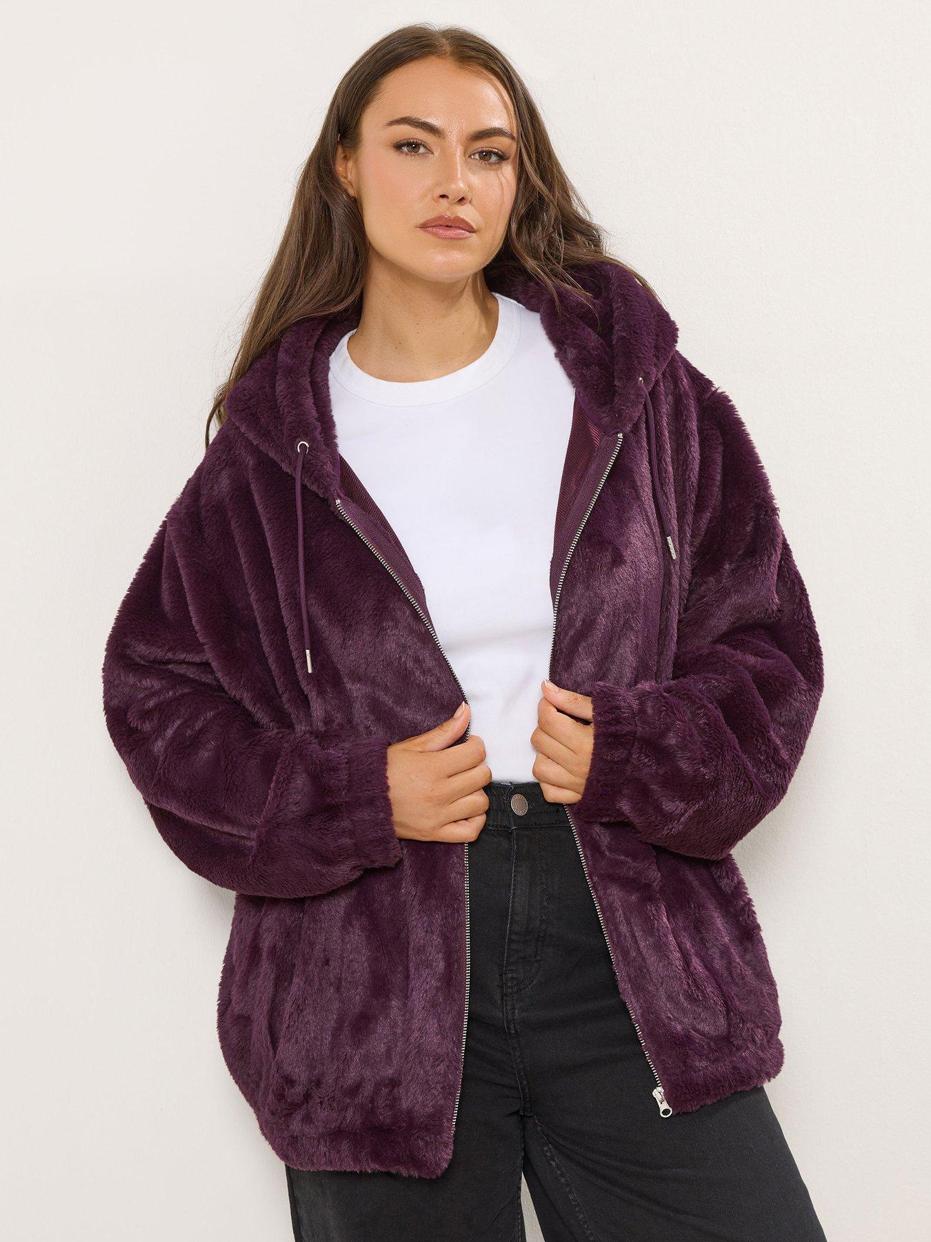 Yours Curve Faux Fur Zip Thru Hooded Jacket- Red
