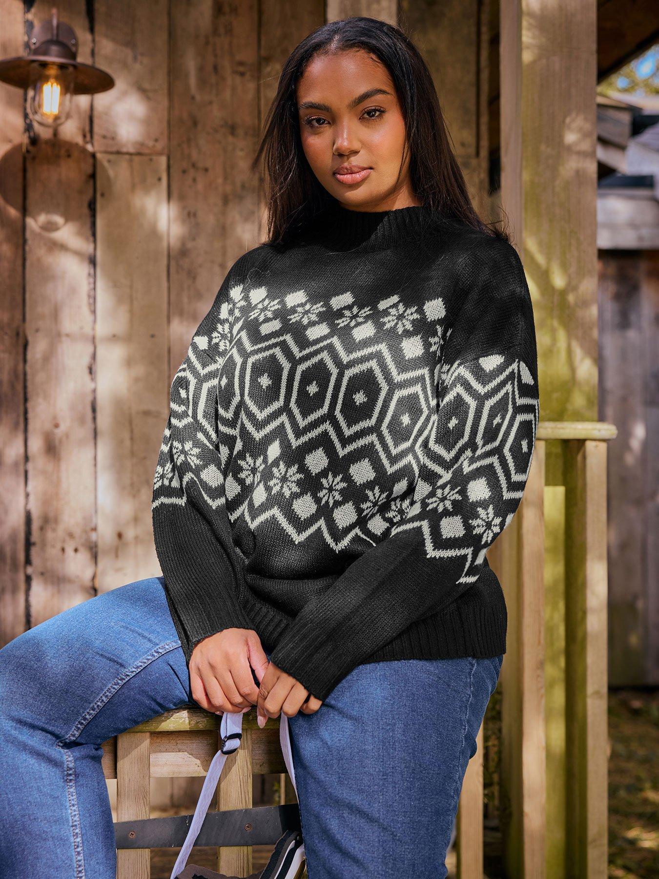 Yours Curve Fairisle Tunic Jumper - Black