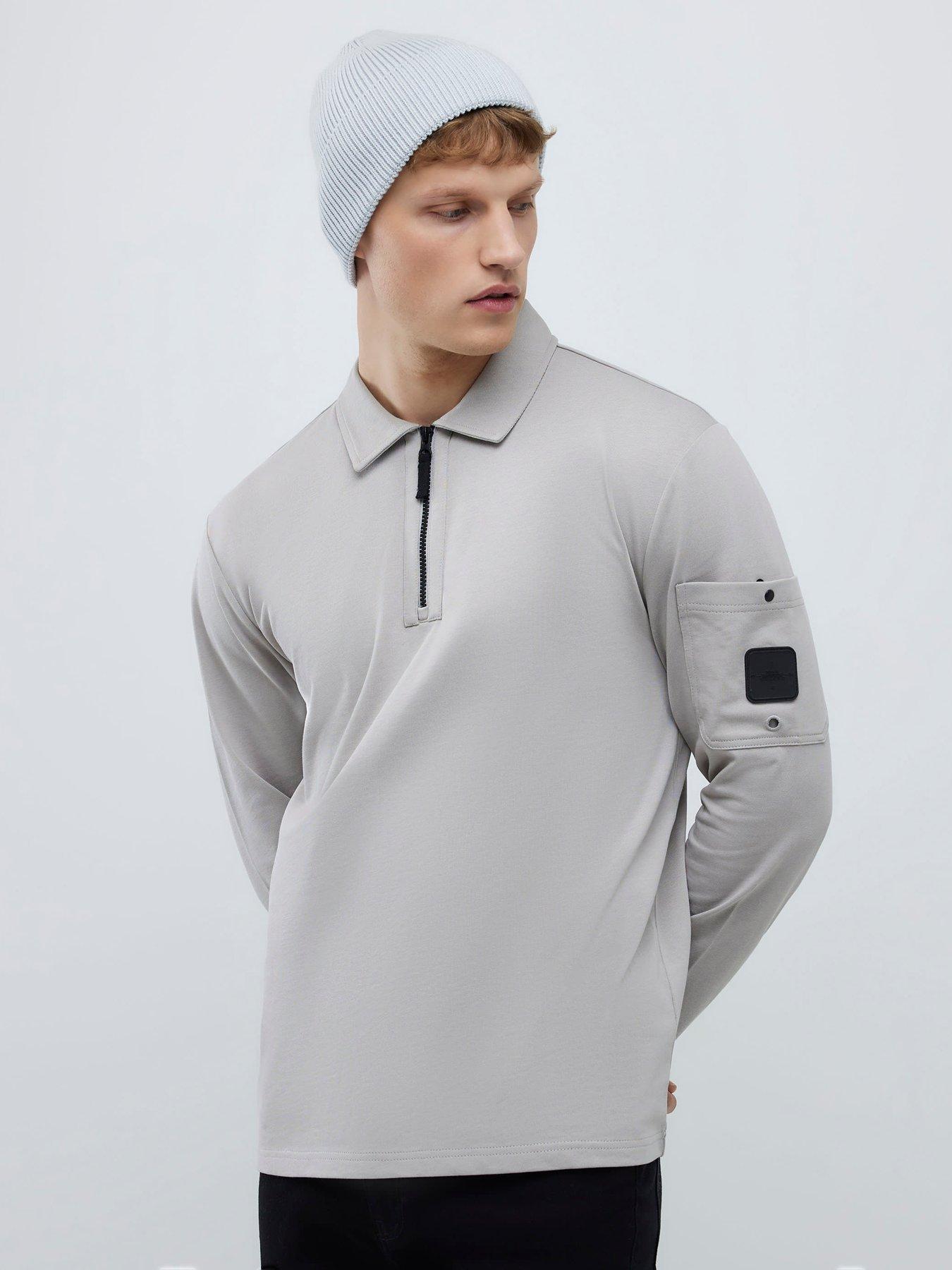 Image 1 of 4 of River Island Islandlong Sleeve Slim Fit Pocket Detail Zip Neck Polo Shirt - Grey