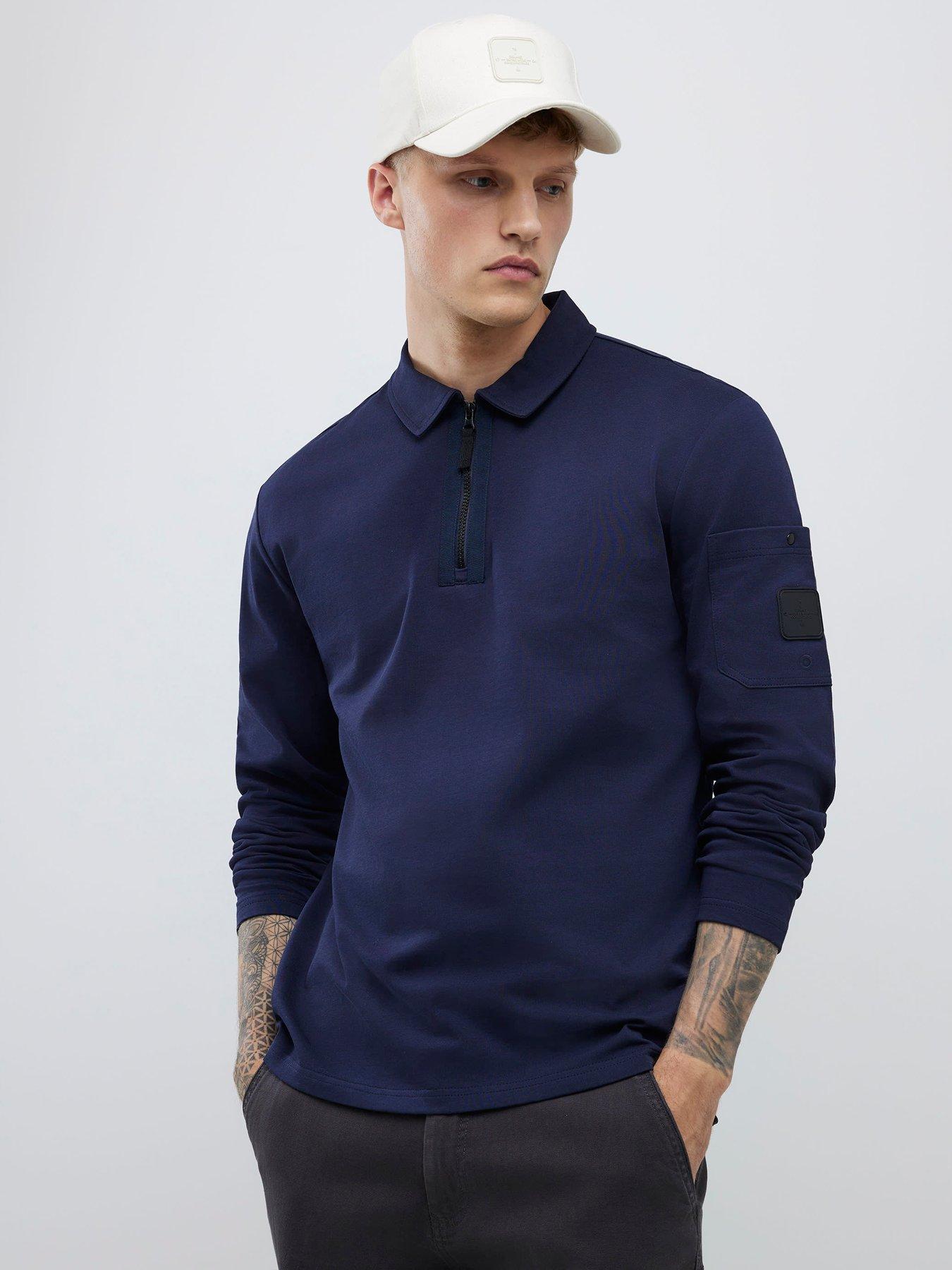 River Island Islandlong Sleeve Slim Fit Pocket Detail Zip Neck Polo Shirt - Navy