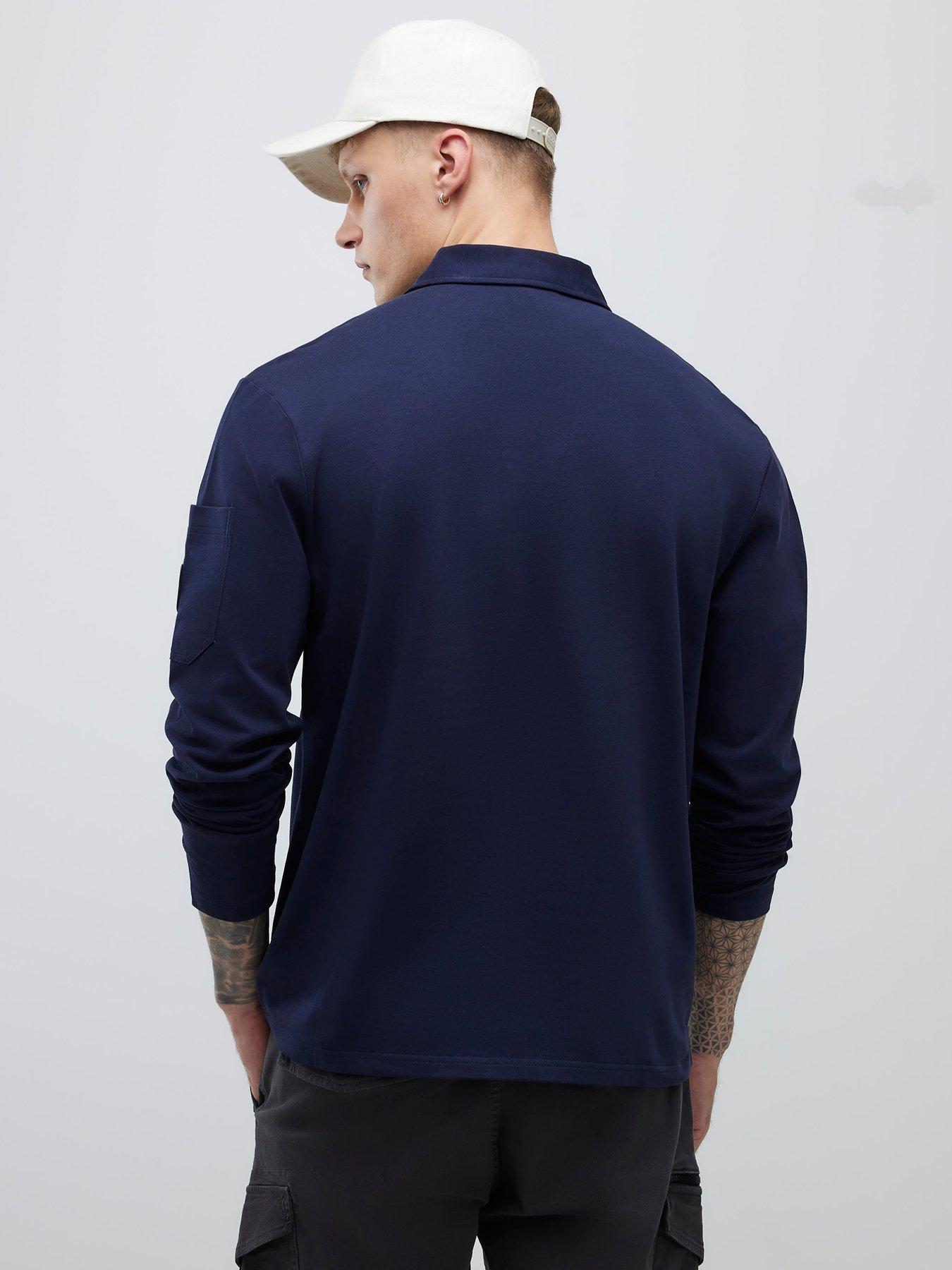  image of river-island-islandlong-sleeve-slim-fit-pocket-detail-zip-neck-polo-shirt-navy