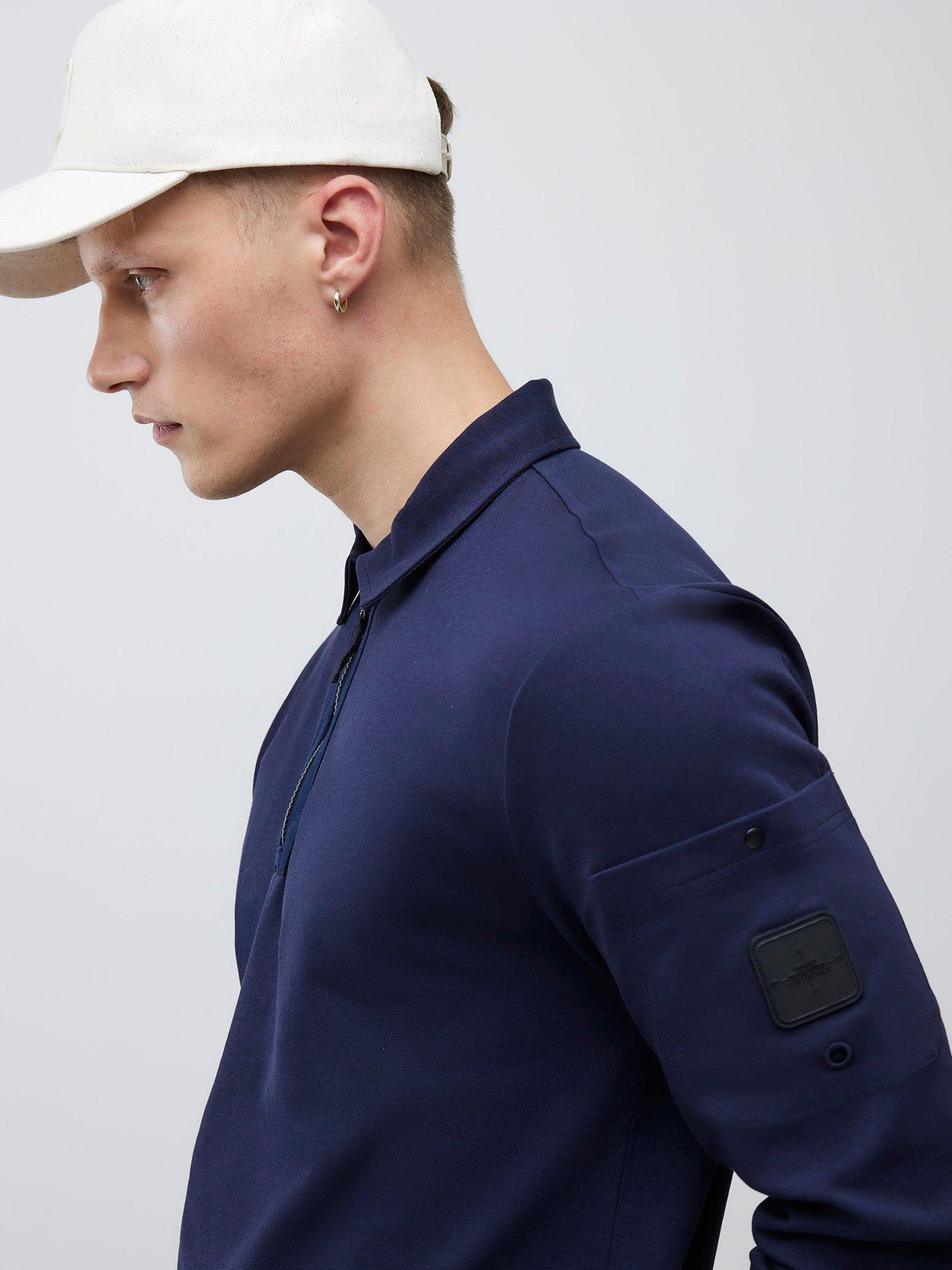  image of river-island-islandlong-sleeve-slim-fit-pocket-detail-zip-neck-polo-shirt-navy