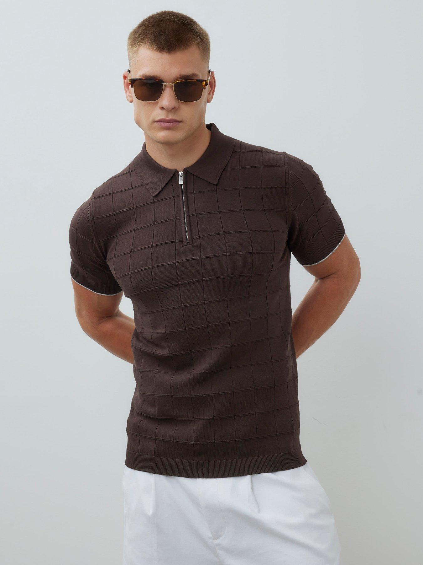 river-island-short-sleeve-grid-muscle-polo-shirt-brown