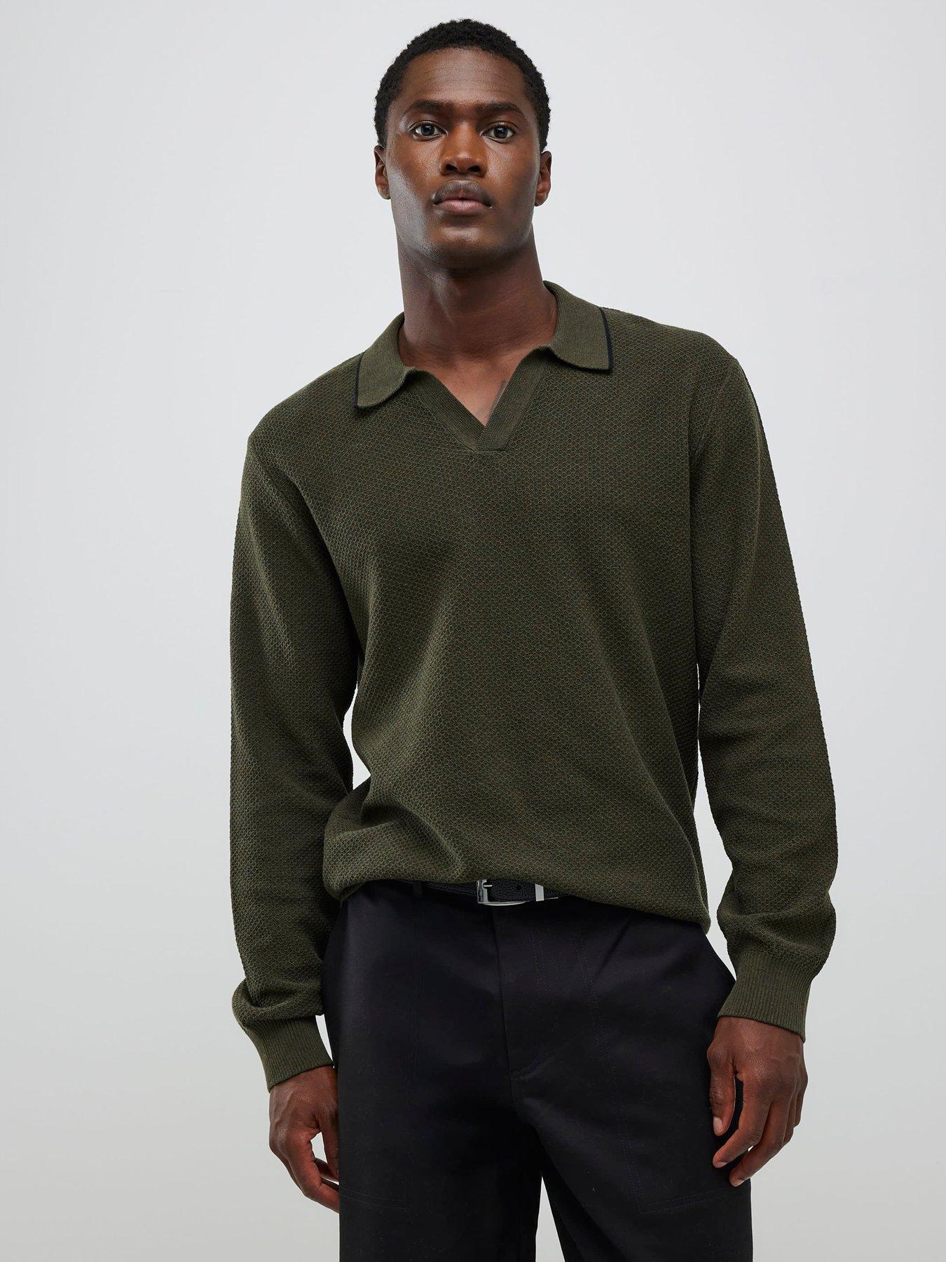  image of river-island-long-sleeve-honeycomb-texture-open-collar-polo-shirt-khaki