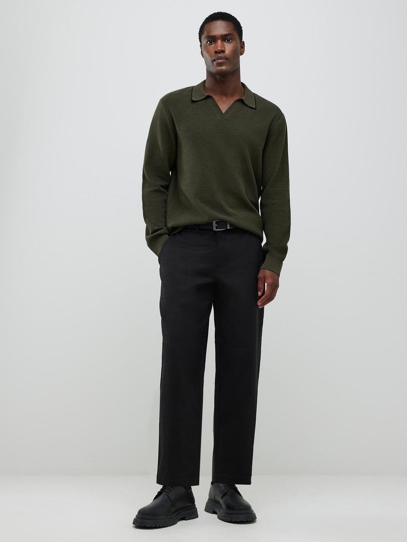  image of river-island-long-sleeve-honeycomb-texture-open-collar-polo-shirt-khaki