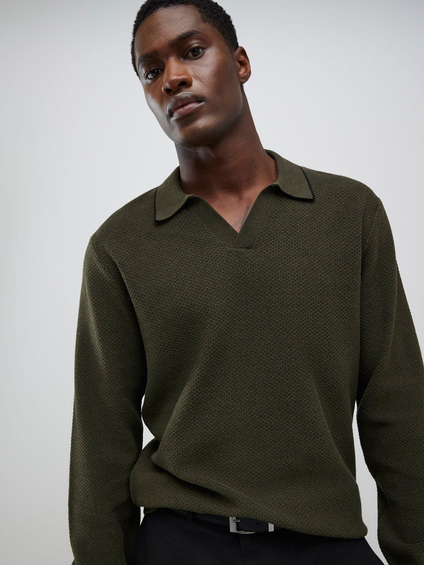  image of river-island-long-sleeve-honeycomb-texture-open-collar-polo-shirt-khaki