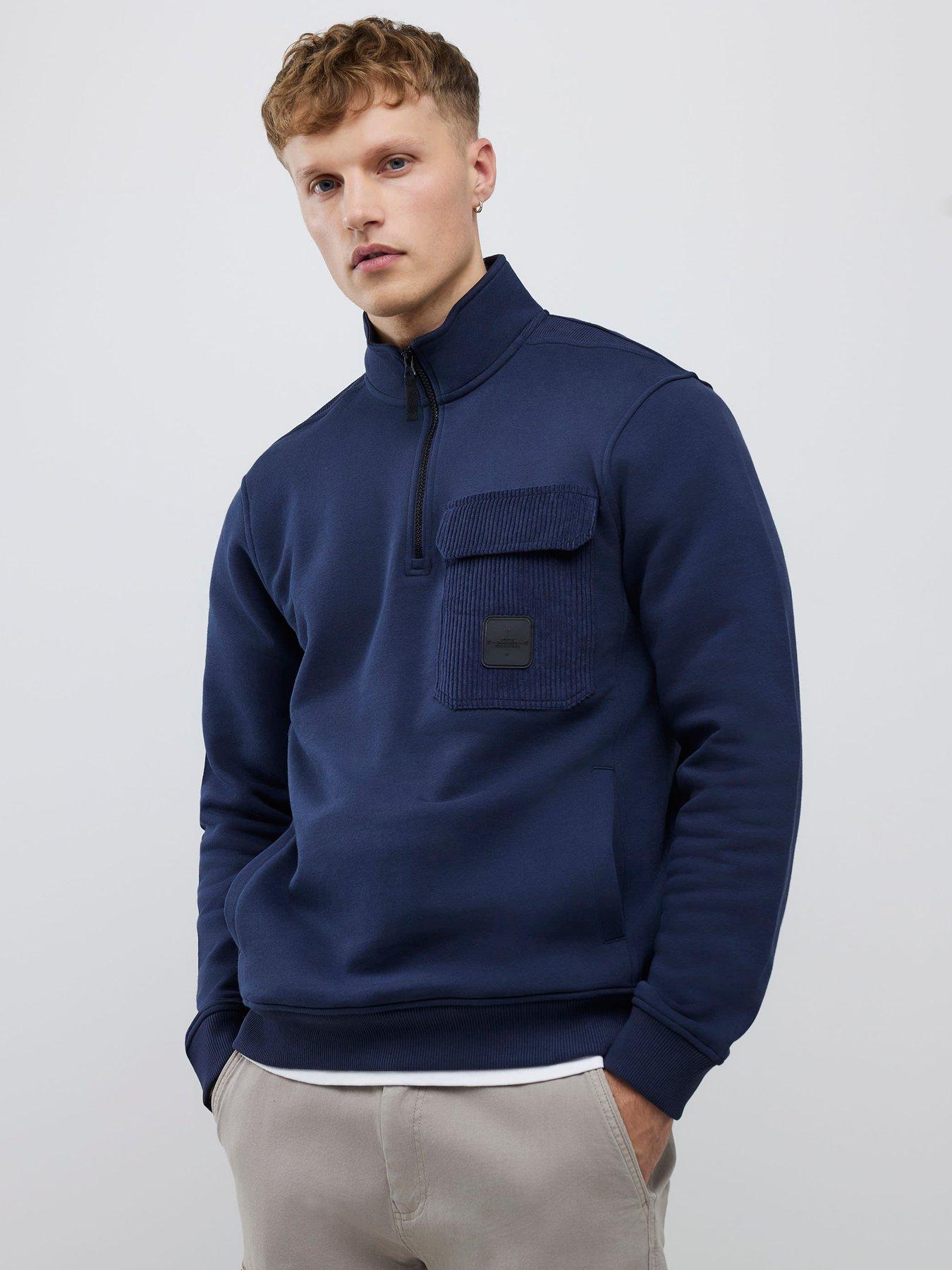 River Island Cord Pocket 1/2 Zip Sweatshirt - Navy