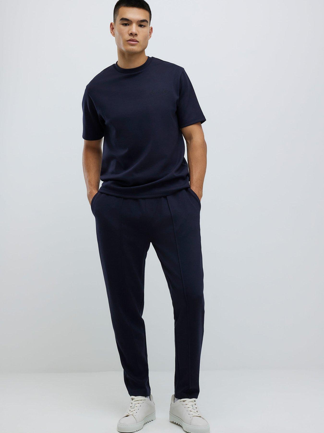 River Island Slim Interlock Pintuck Joggers - Navy
