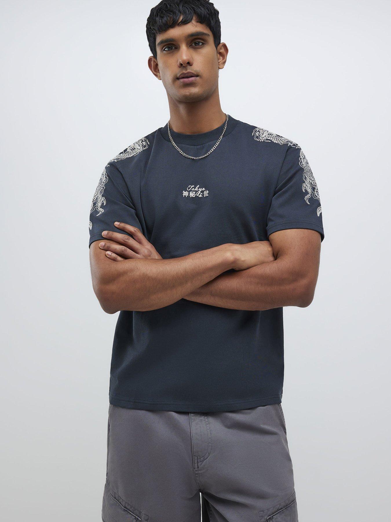 River Island Japanese Dragon Emb T-Shirt - Black