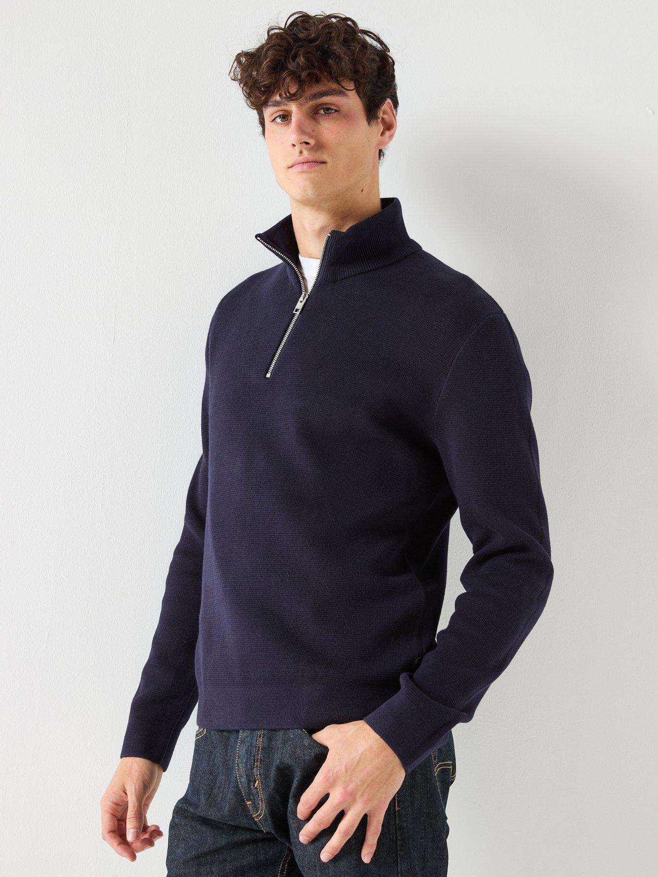 front image of jack-jones-knitted-quarter-zip-jumper-blue