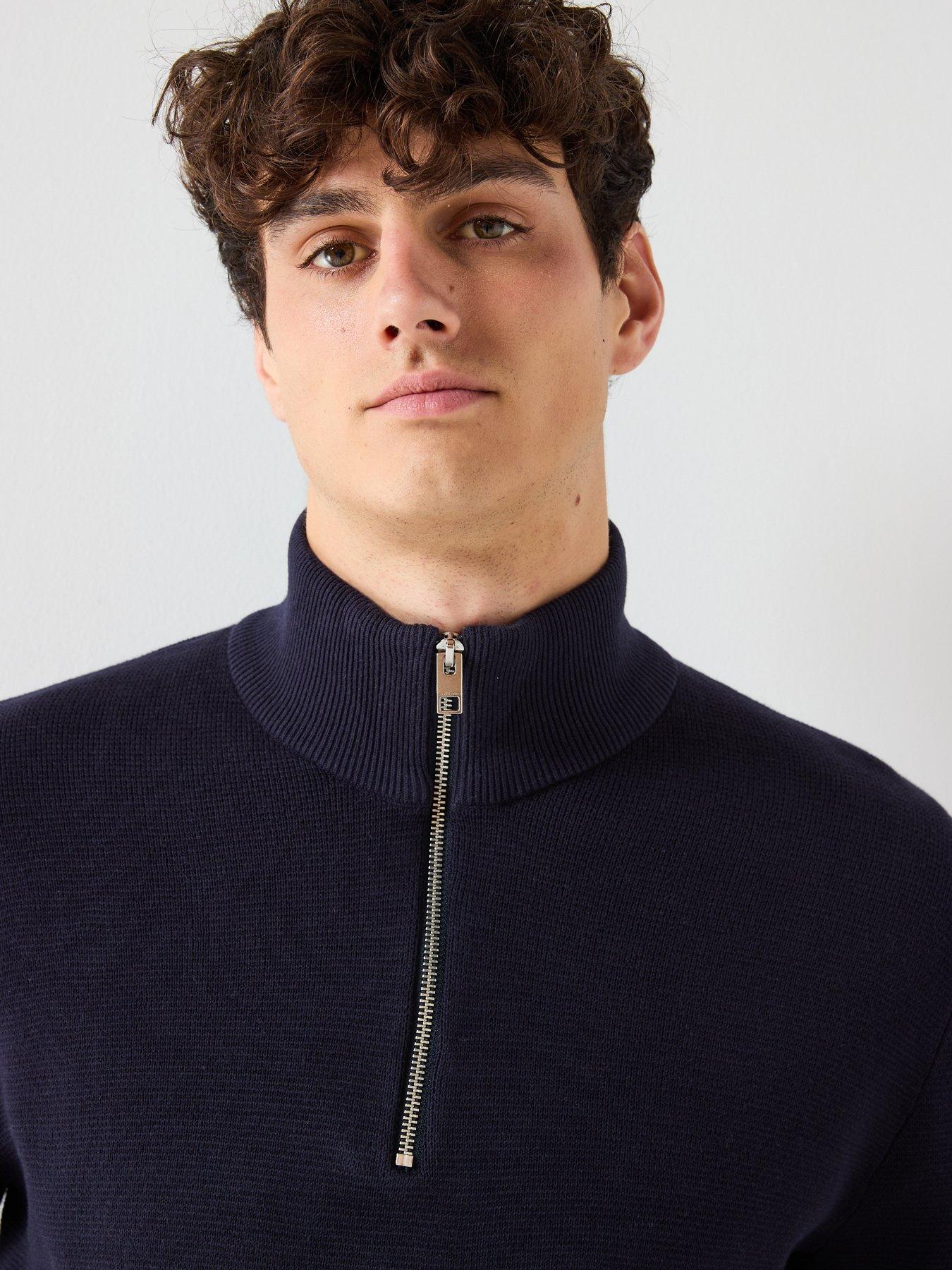 image of jack-jones-knitted-quarter-zip-jumper-blue