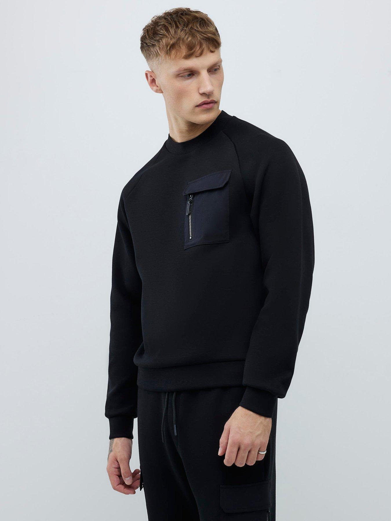 front image of river-island-nylon-hybrid-crew-sweat-black