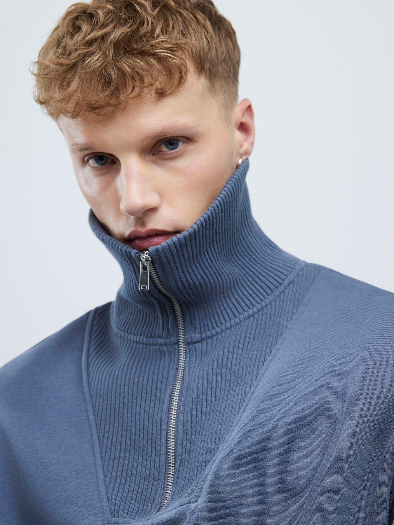  image of river-island-long-sleeve-essentials-regular-fit-ribbed-funnel-neck-sweat-top-grey