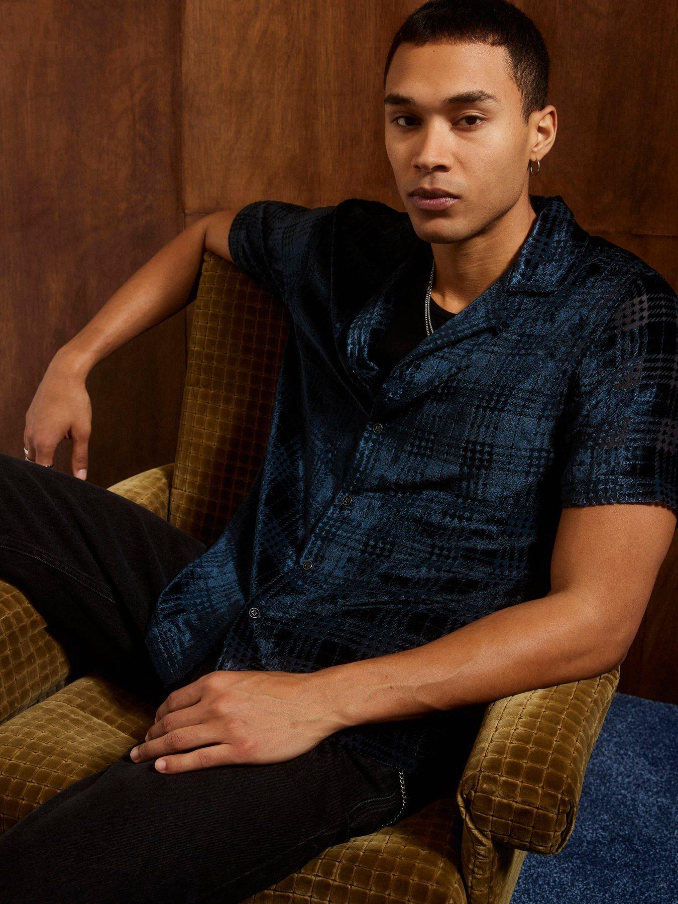 River Island Reg Velour Check Shirt - Navy