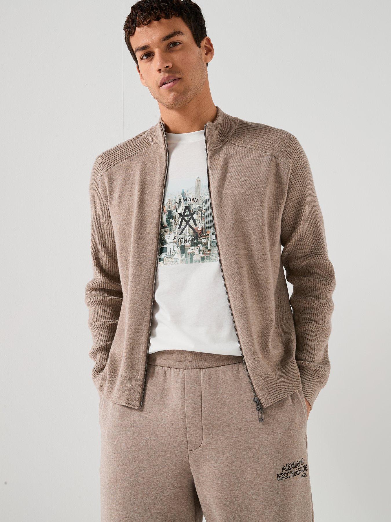  image of armani-exchange-zip-through-knitted-cardigan-light-brown