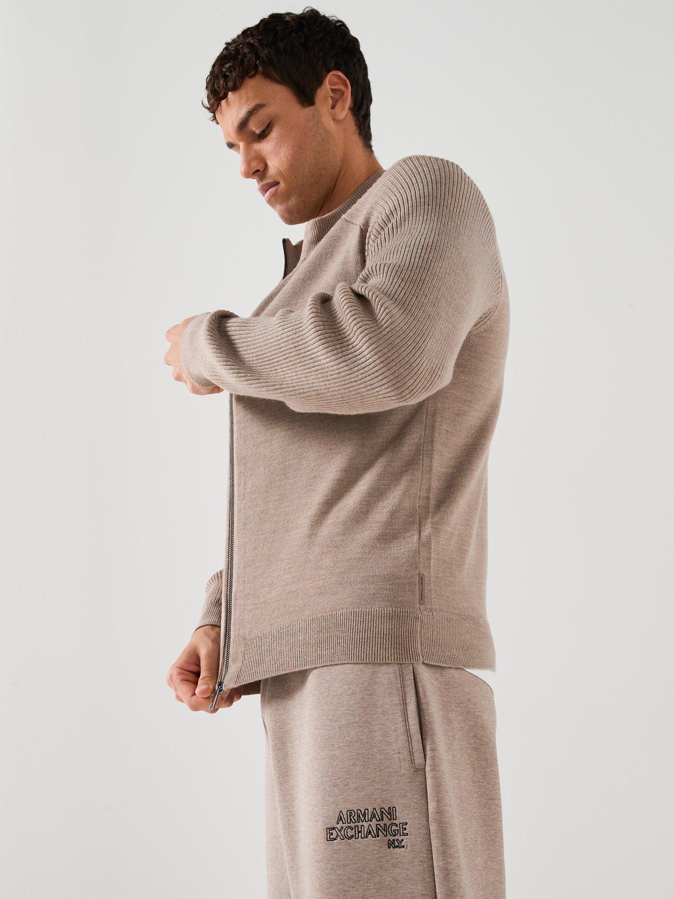  image of armani-exchange-zip-through-knitted-cardigan-light-brown