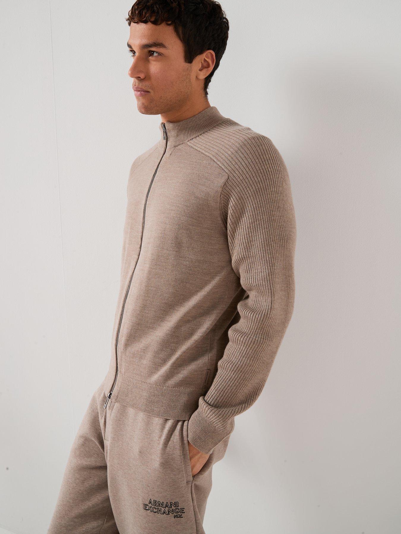  image of armani-exchange-zip-through-knitted-cardigan-light-brown