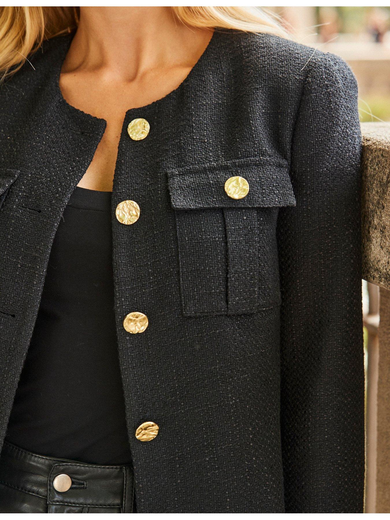 Image 4 of 6 of Sosandar Boucle Collarless Jacket With Gold Buttons - Black