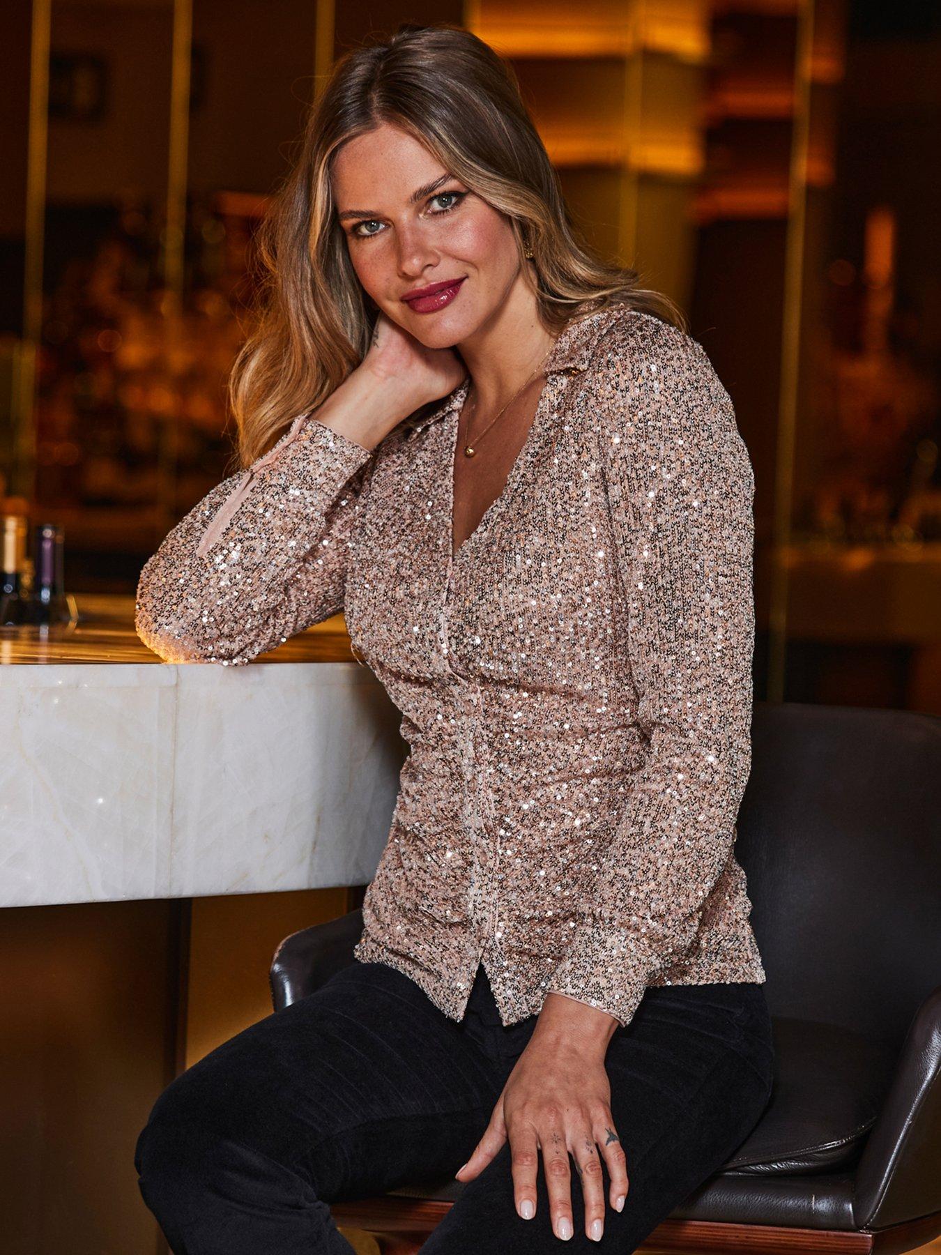 Sosandar Rose Gold Sequin Ruched Front Shirt