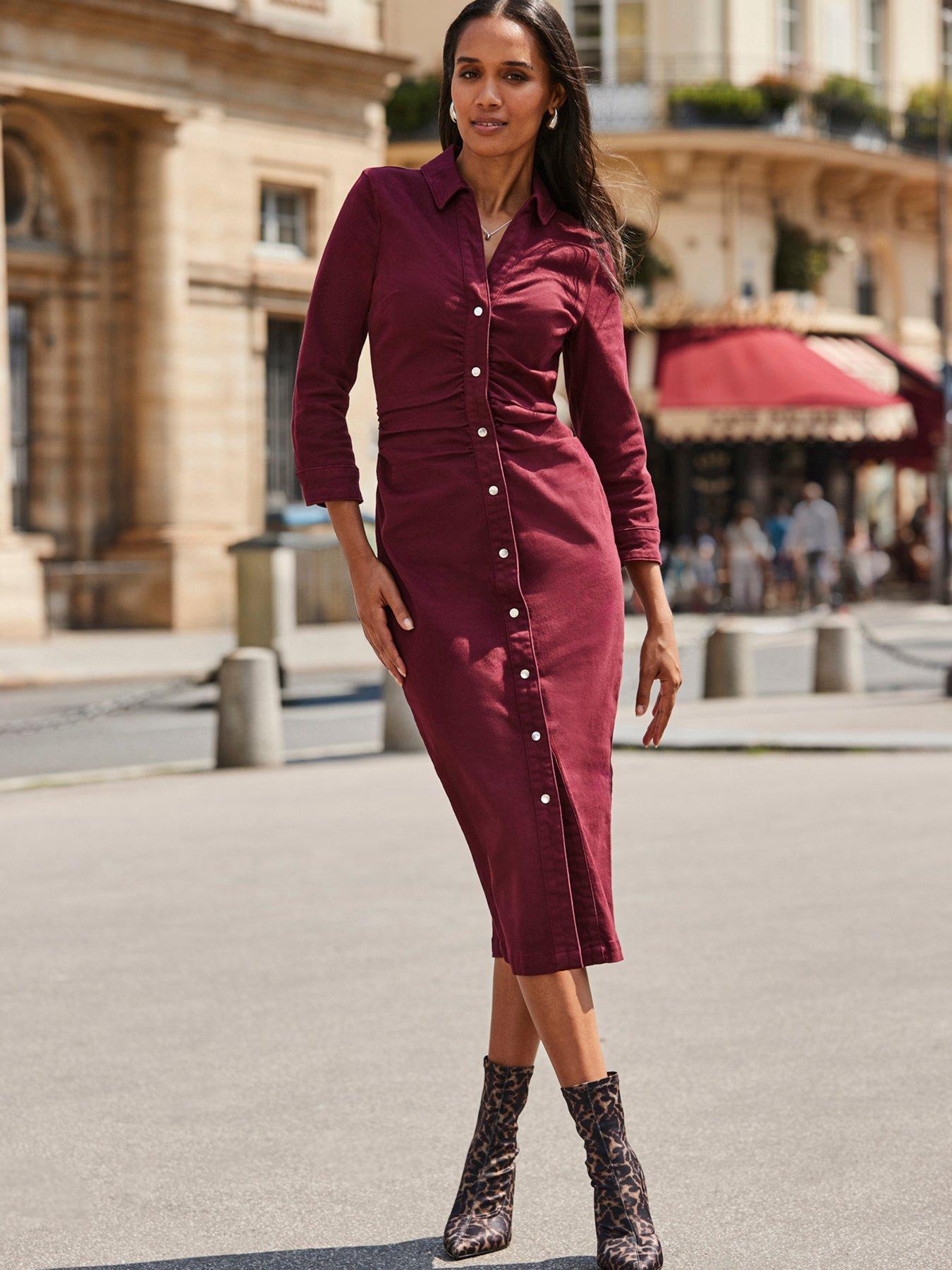  image of sosandar-ruched-waist-denim-dress-red