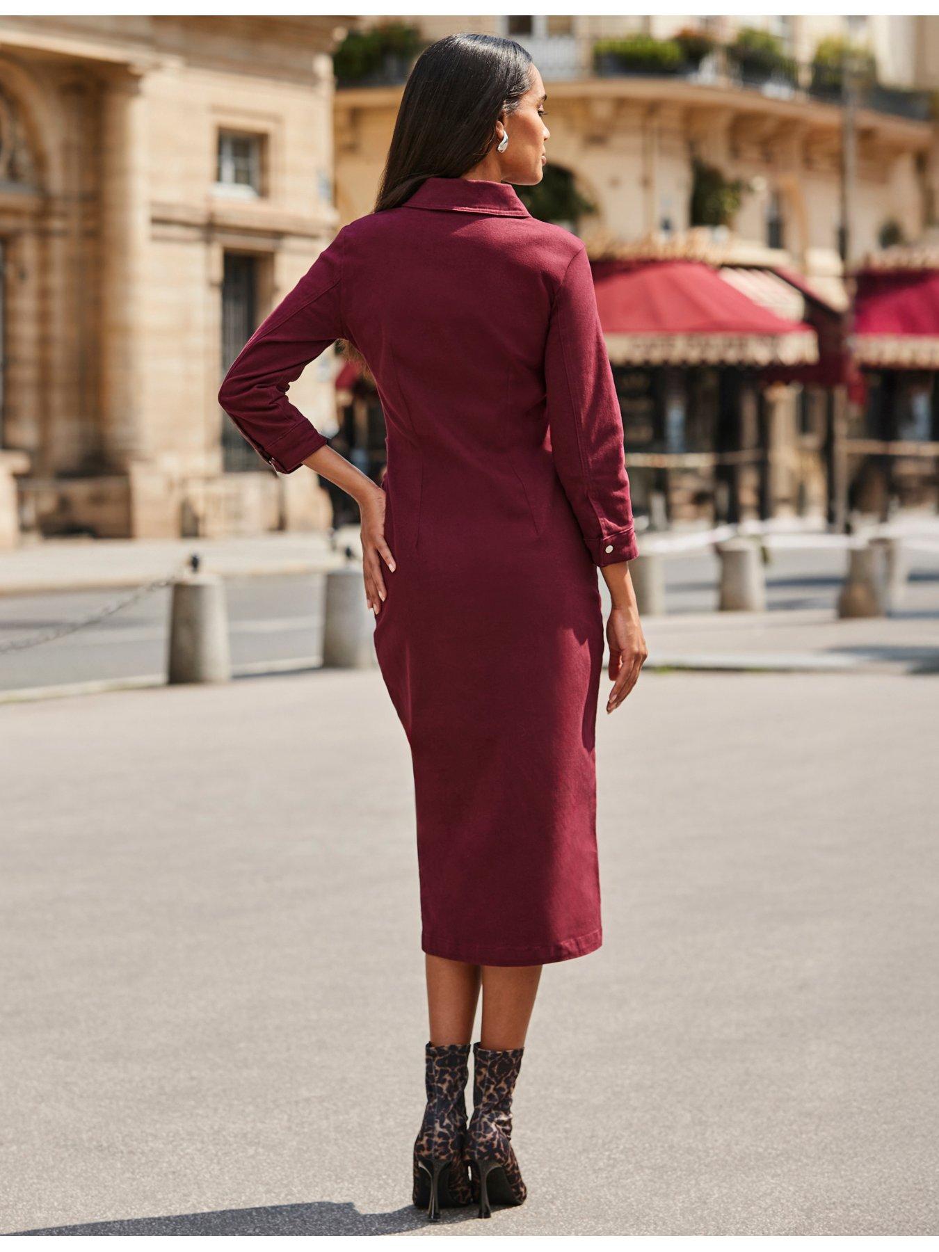  image of sosandar-ruched-waist-denim-dress-red