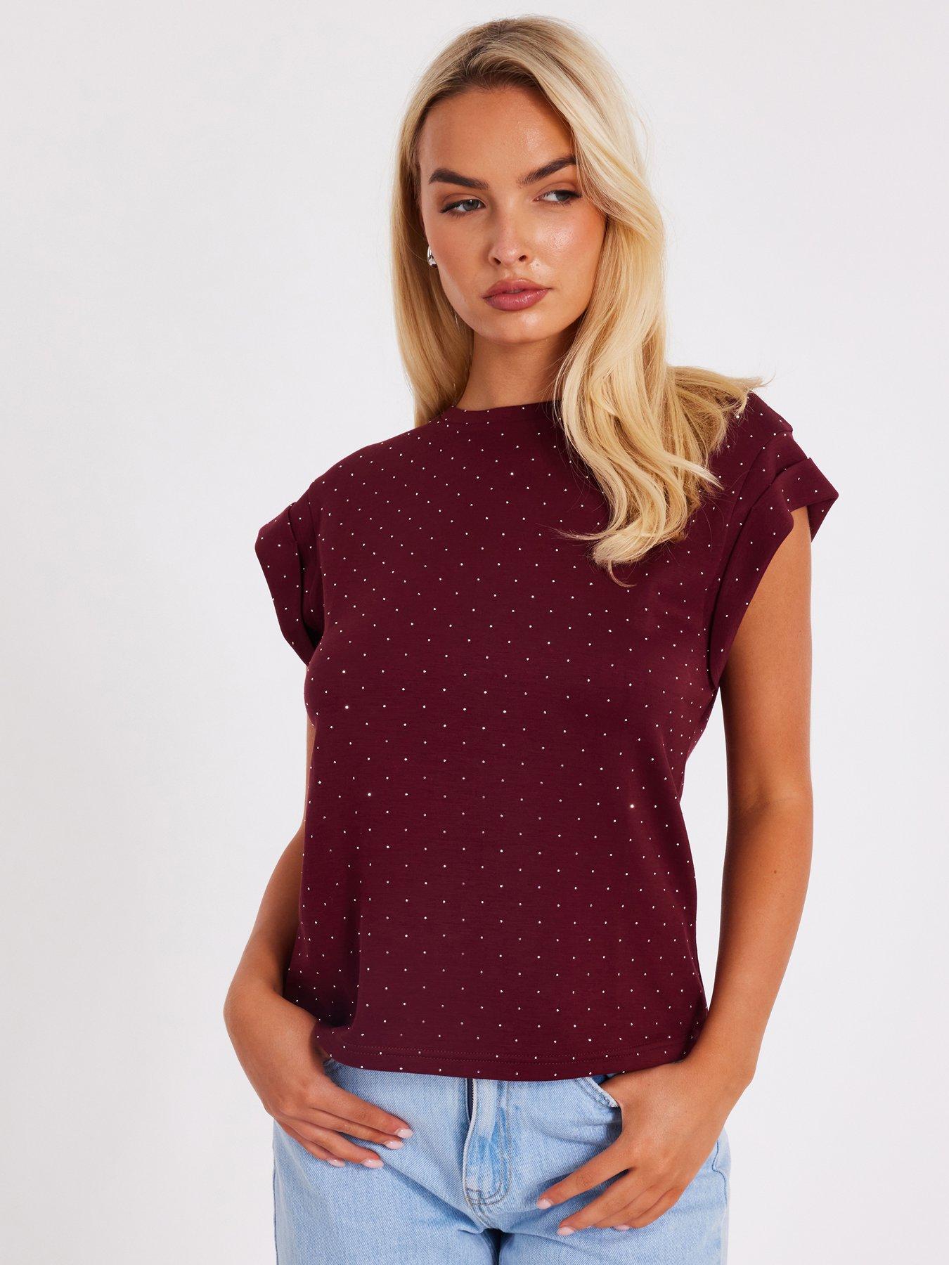 Quiz Dark Red Stud Detail Top