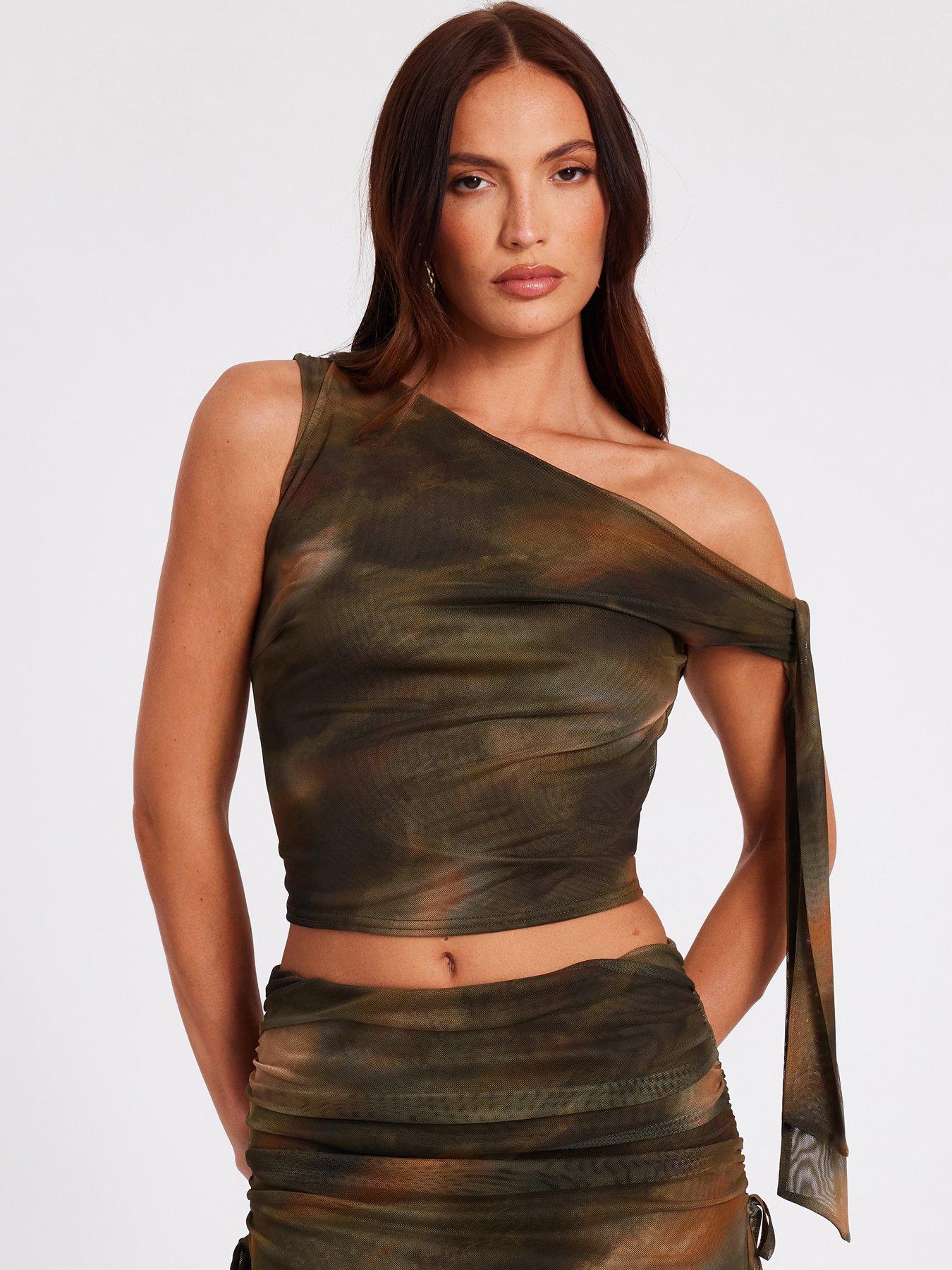 Quiz Khaki Mesh Tie Shoulder Crop Top