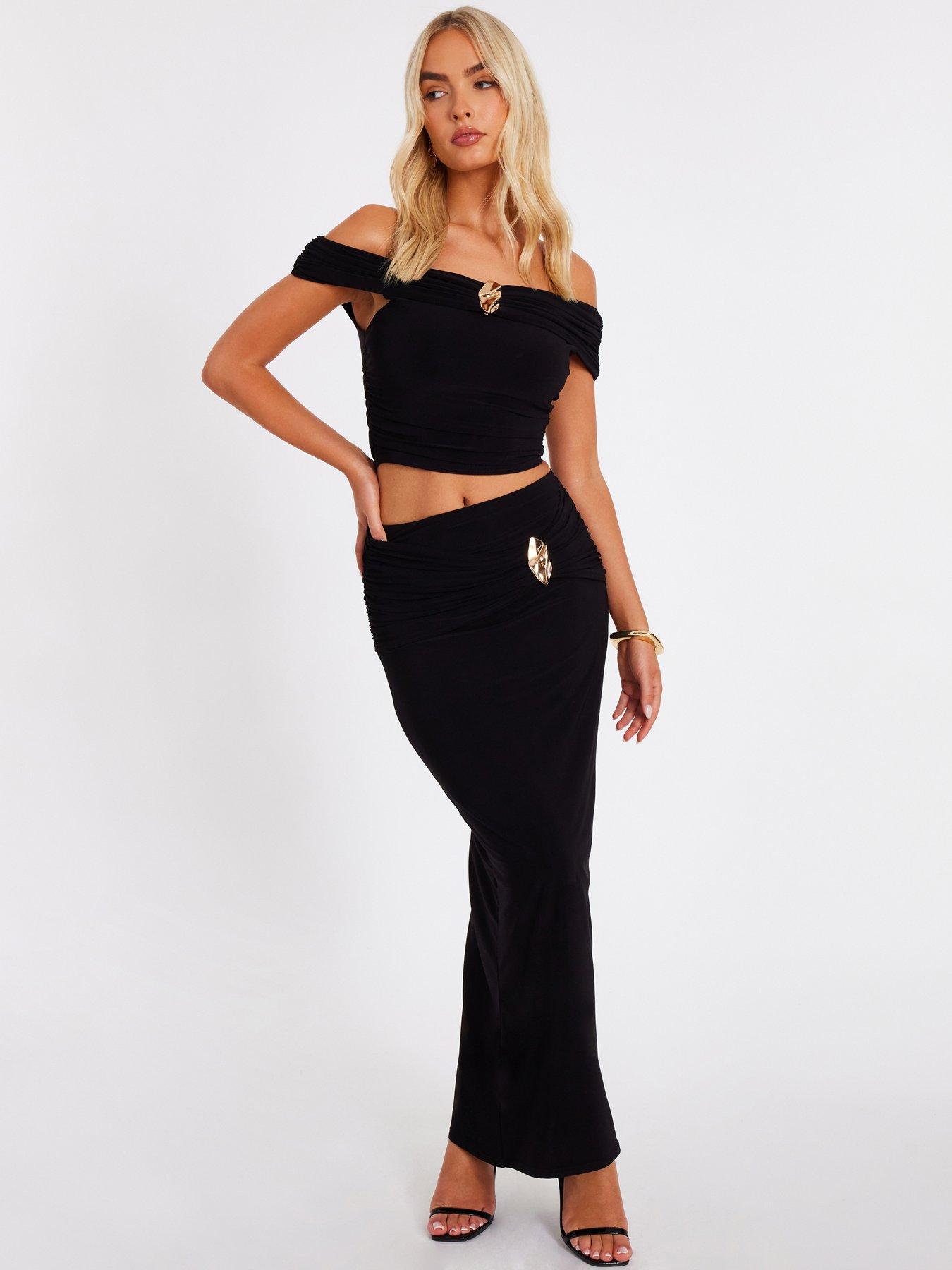 quiz-black-ruched-waist-maxi-skirt
