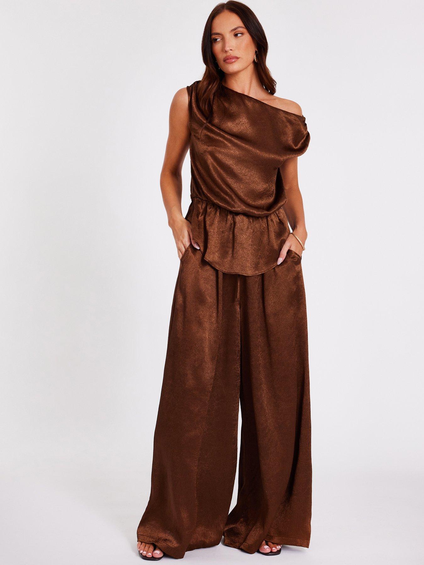 Quiz Brown Textured Satin Palazzo Trousers
