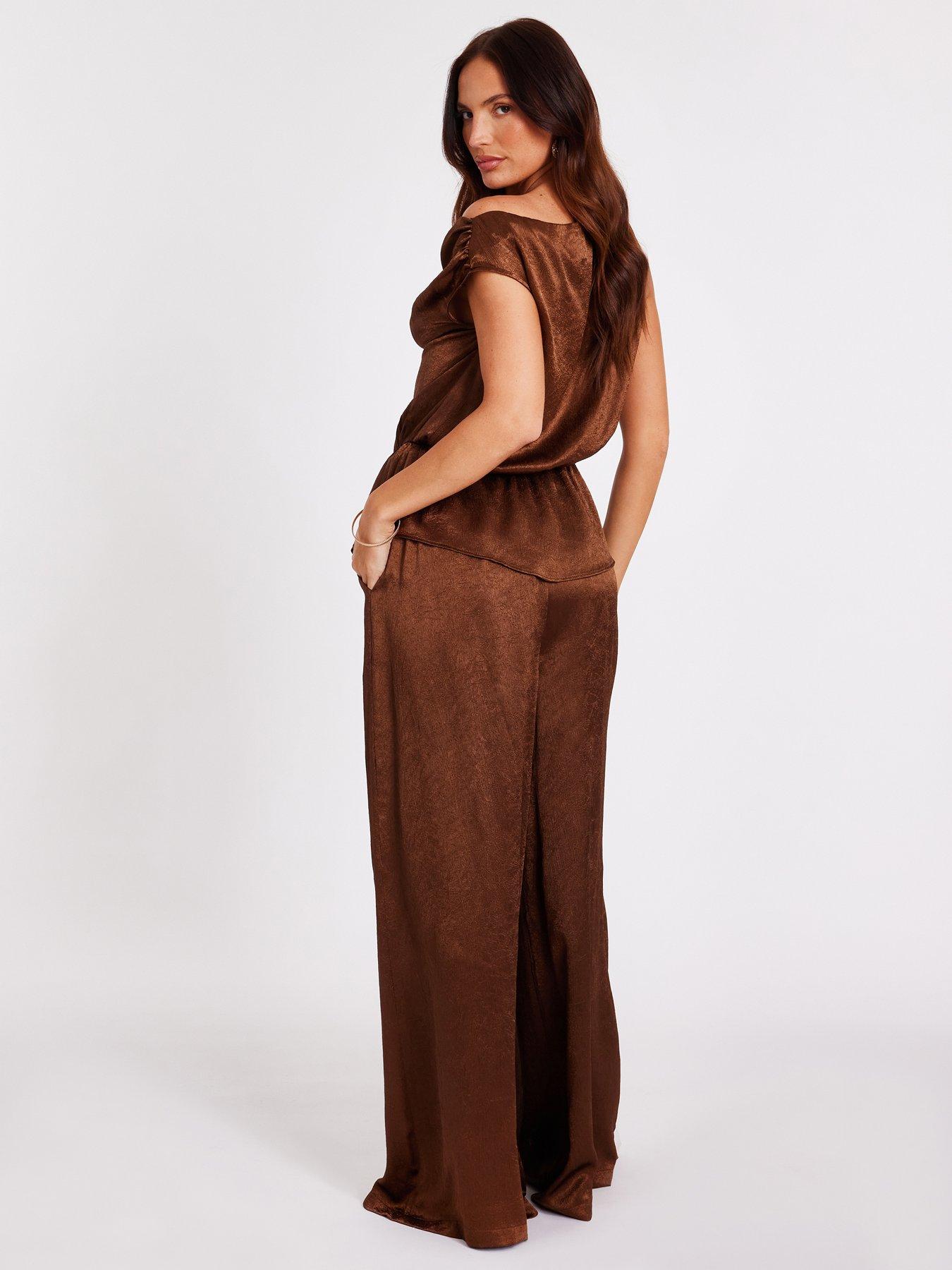 Image 2 of 6 of Quiz Brown Textured Satin Palazzo Trousers