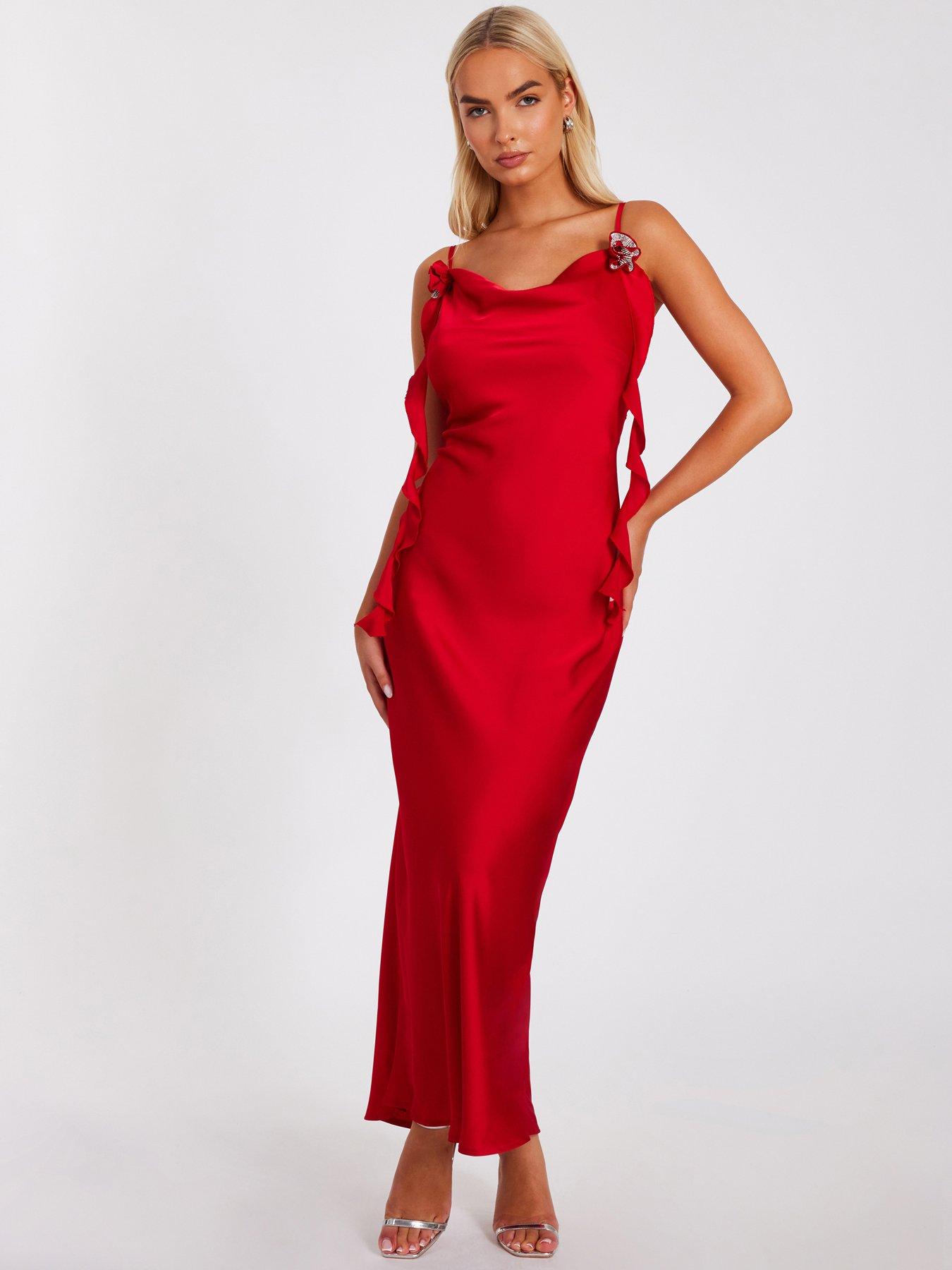 Quiz Red Satin Corsage Midaxi Dress