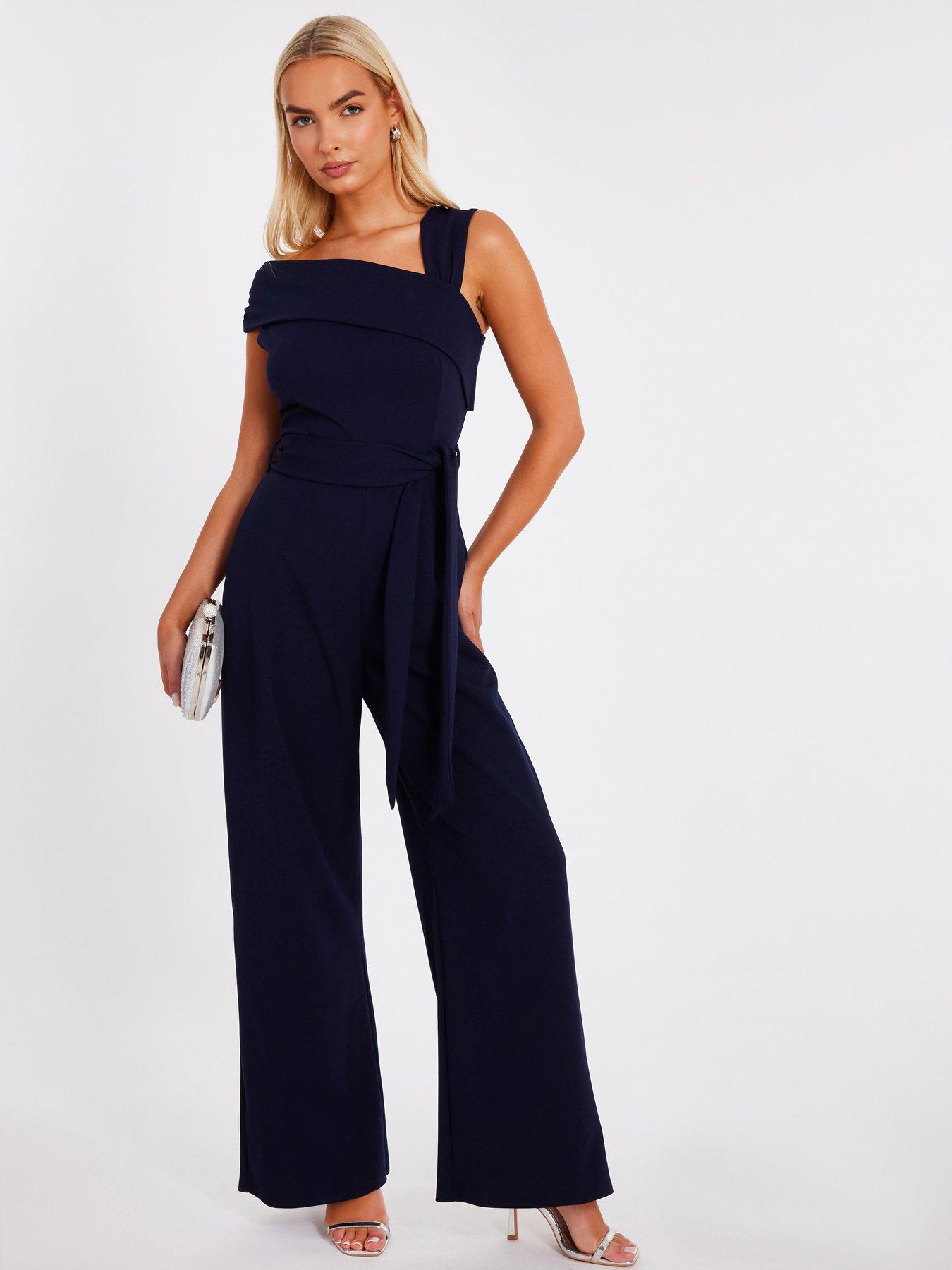 Quiz Navy Asymmetric Wide Leg Jumpsuit