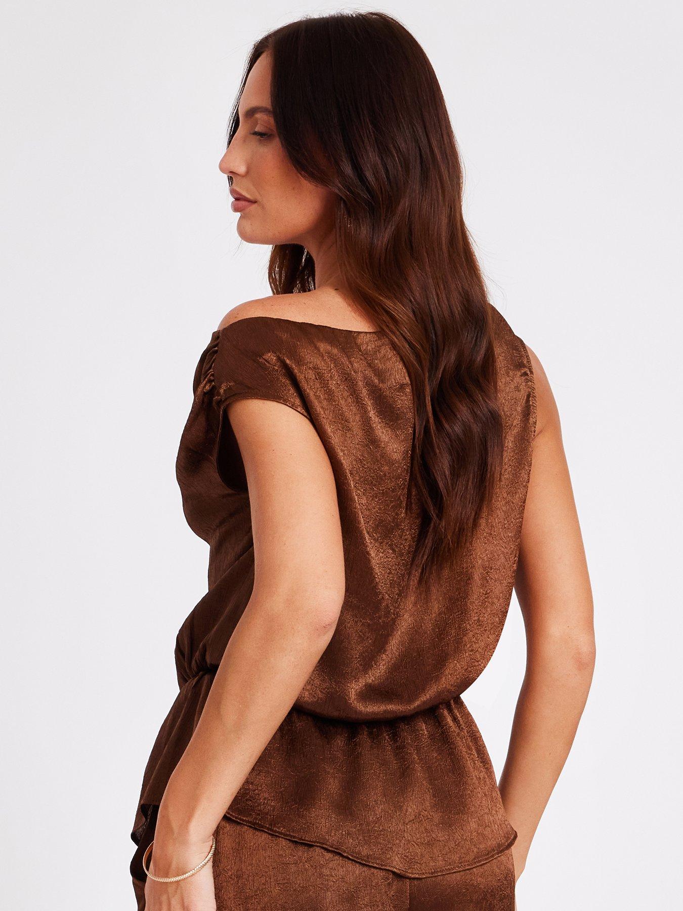 Image 2 of 6 of Quiz Brown Textured Satin Top