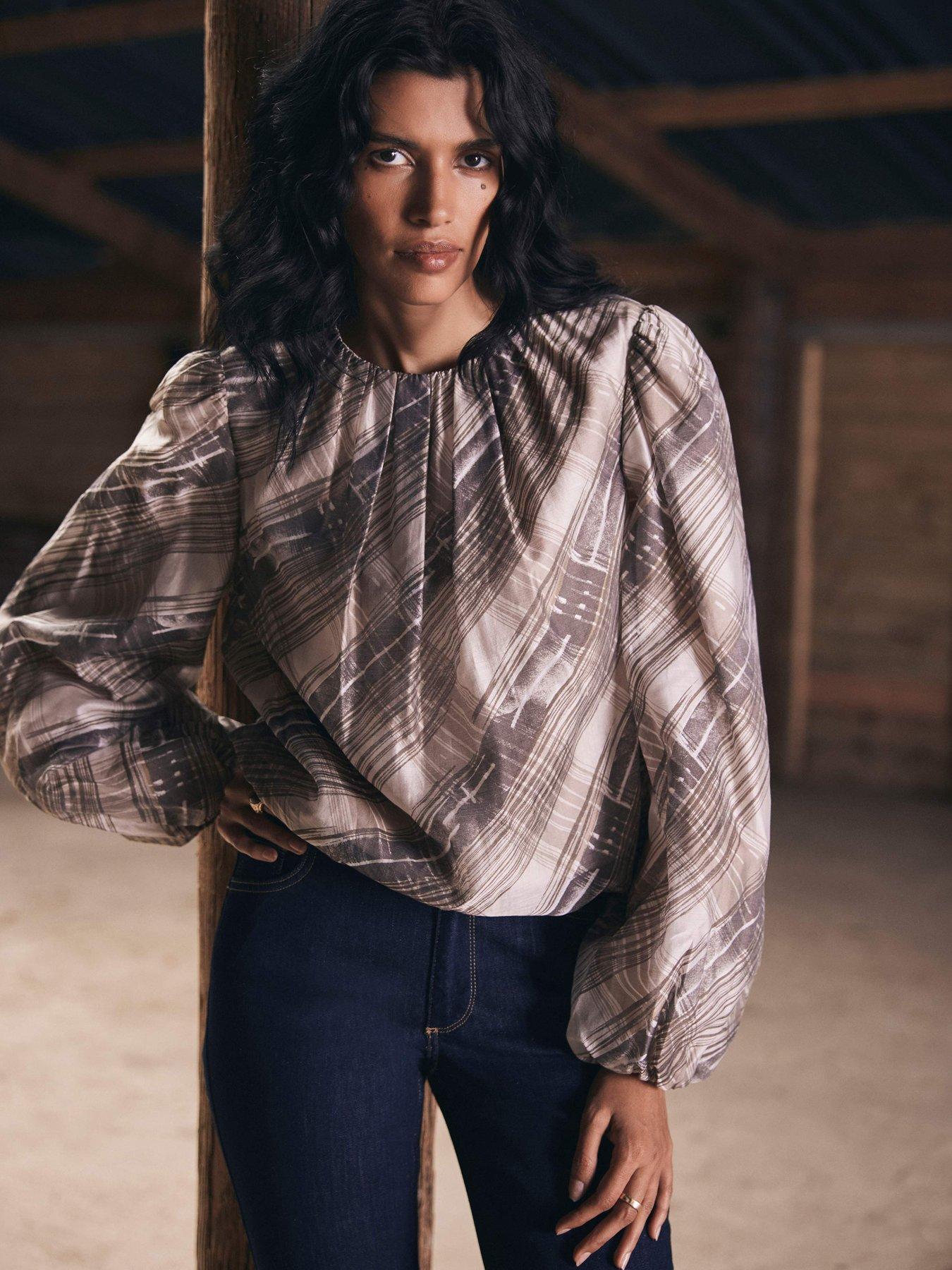Mint Velvet Neutral Check Print Top - Brown